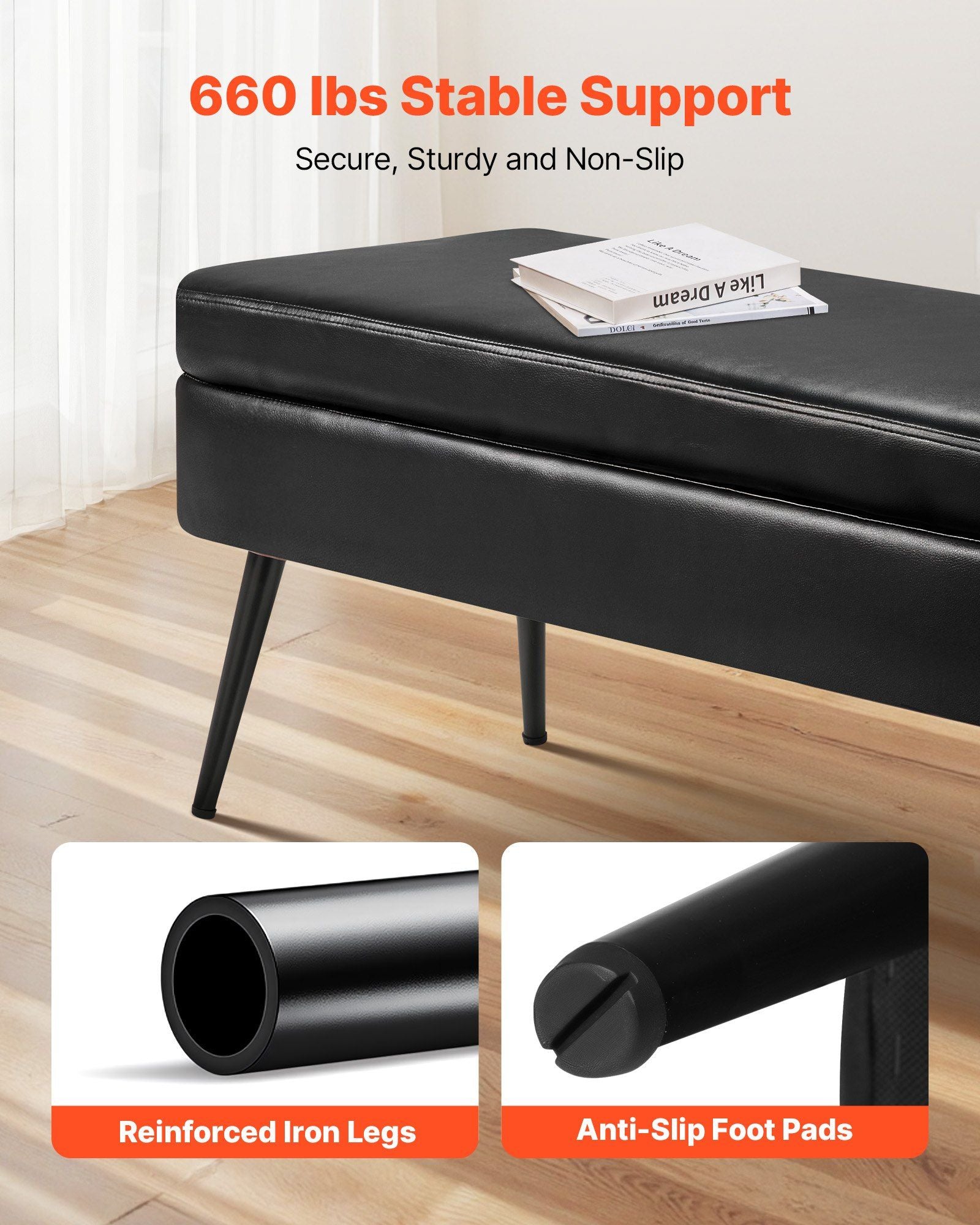 Leather Storage Ottoman Bench, PU Leather Bench with Storage and Metal Legs, Modern Shoe Benches Seat for Entryway, Upholstered End of Bed Benches for Living Room, Dining Room, Hallway, Black