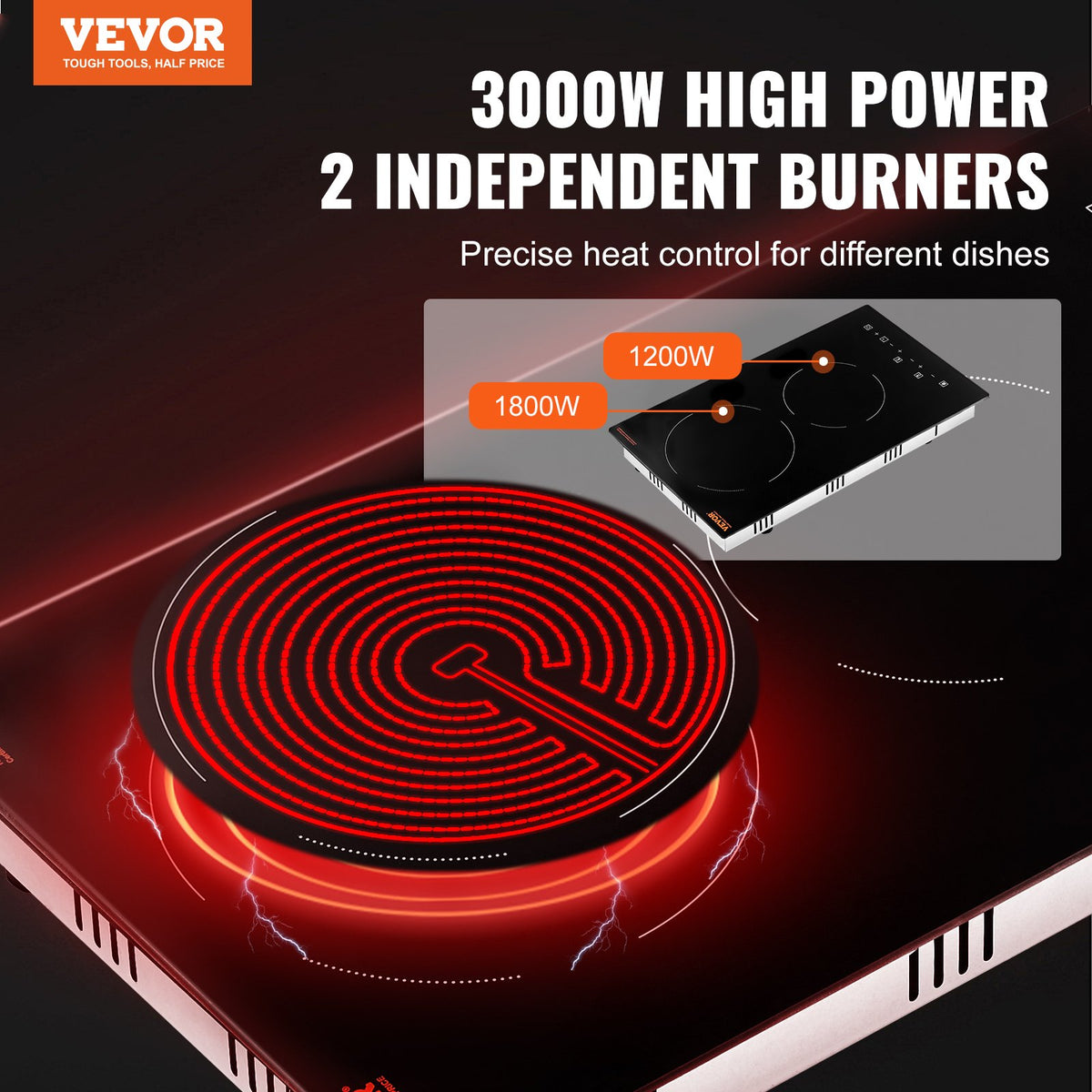 VEVOR Electric Cooktop, 12 inch 2 Burners Built-in Electric Stove Top, 3000W Ceramic Radiant Cooktop with Glass Panel, Touch Control, Timer, Child Lock, 9 Heat Level, Residual Heat Indicator, 220-240V
