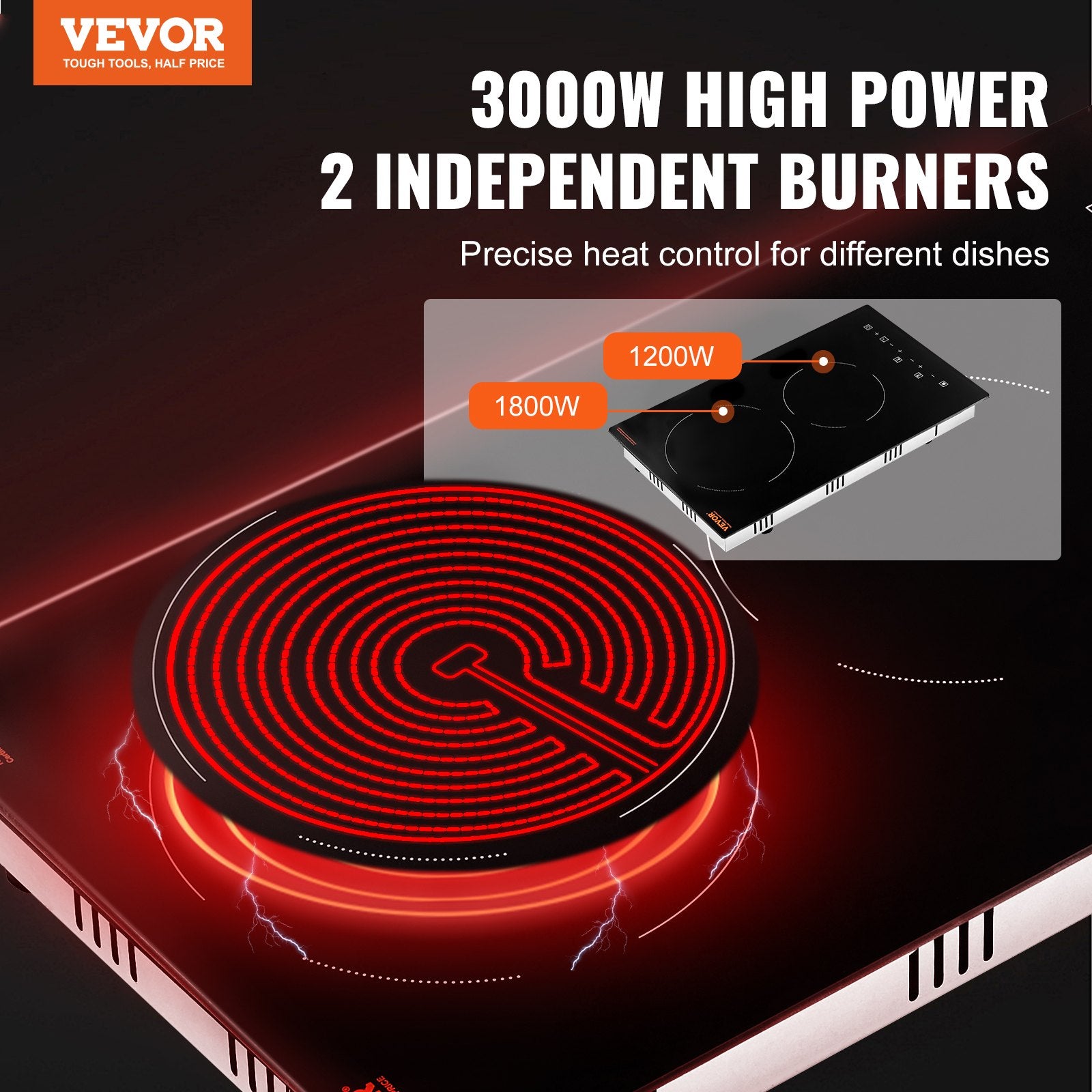 VEVOR Electric Cooktop, 12 inch 2 Burners Built-in Electric Stove Top, 3000W Ceramic Radiant Cooktop with Glass Panel, Touch Control, Timer, Child Lock, 9 Heat Level, Residual Heat Indicator, 220-240V