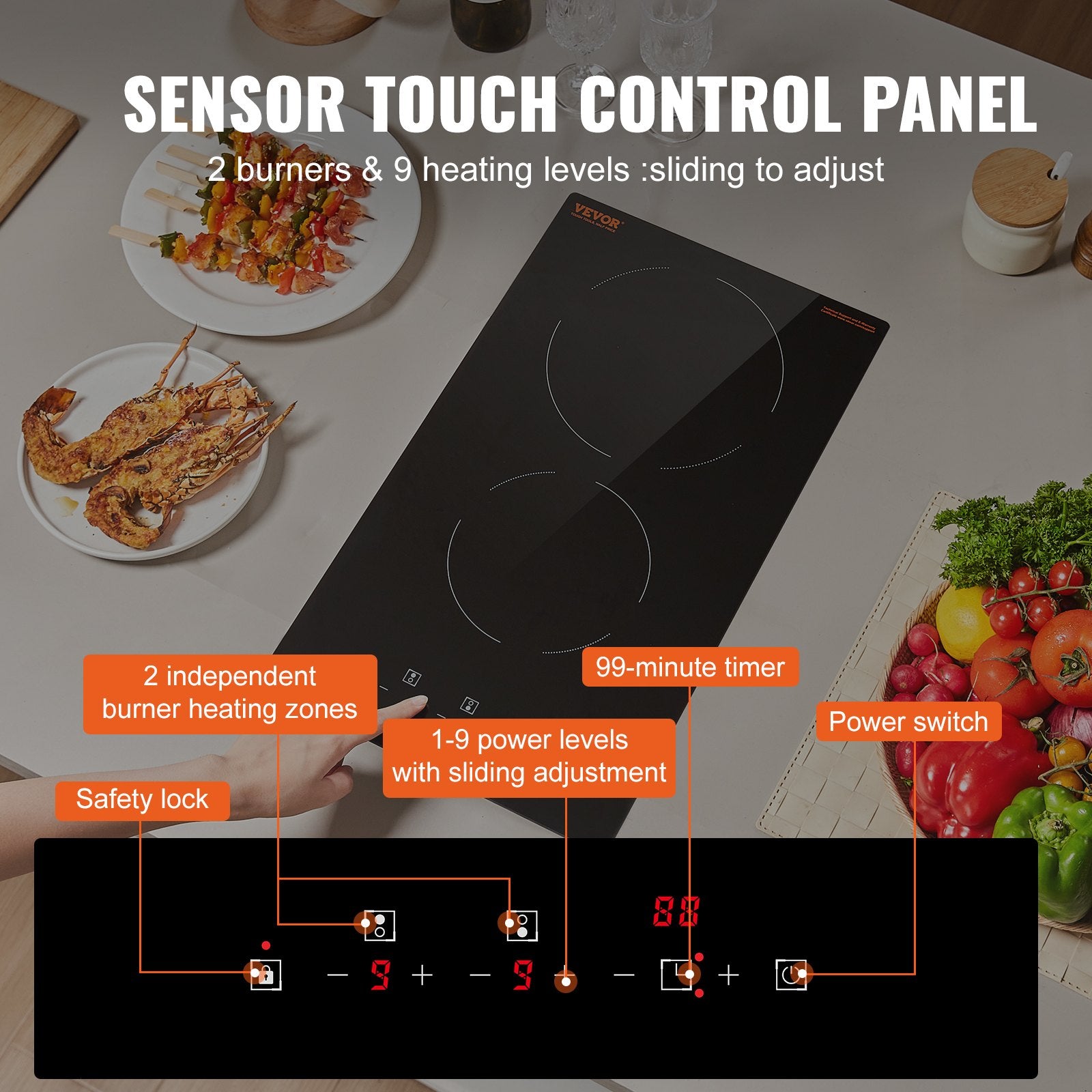 VEVOR Electric Cooktop, 12 inch 2 Burners Built-in Electric Stove Top, 3000W Ceramic Radiant Cooktop with Glass Panel, Touch Control, Timer, Child Lock, 9 Heat Level, Residual Heat Indicator, 220-240V