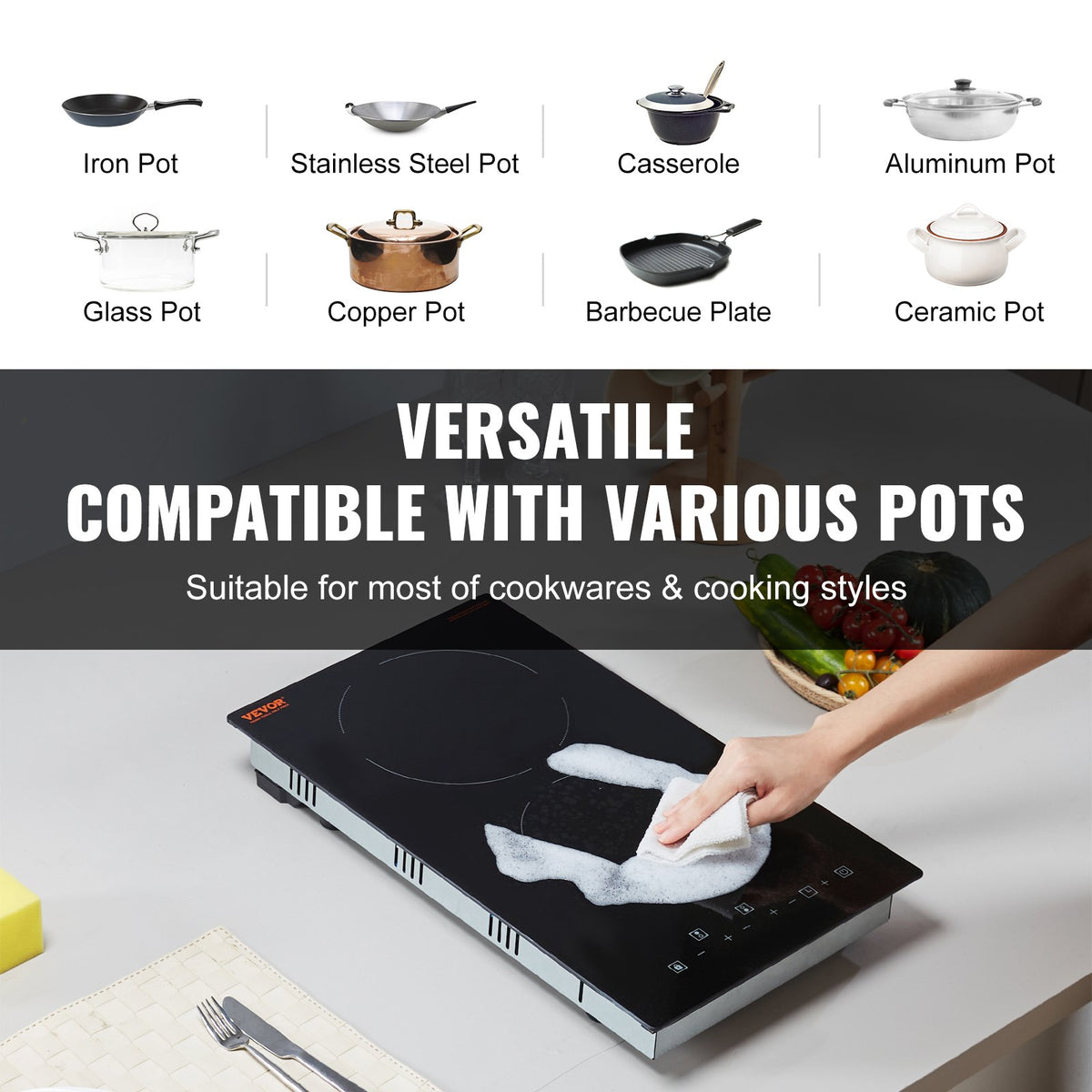 VEVOR Electric Cooktop, 12 inch 2 Burners Built-in Electric Stove Top, 3000W Ceramic Radiant Cooktop with Glass Panel, Touch Control, Timer, Child Lock, 9 Heat Level, Residual Heat Indicator, 220-240V