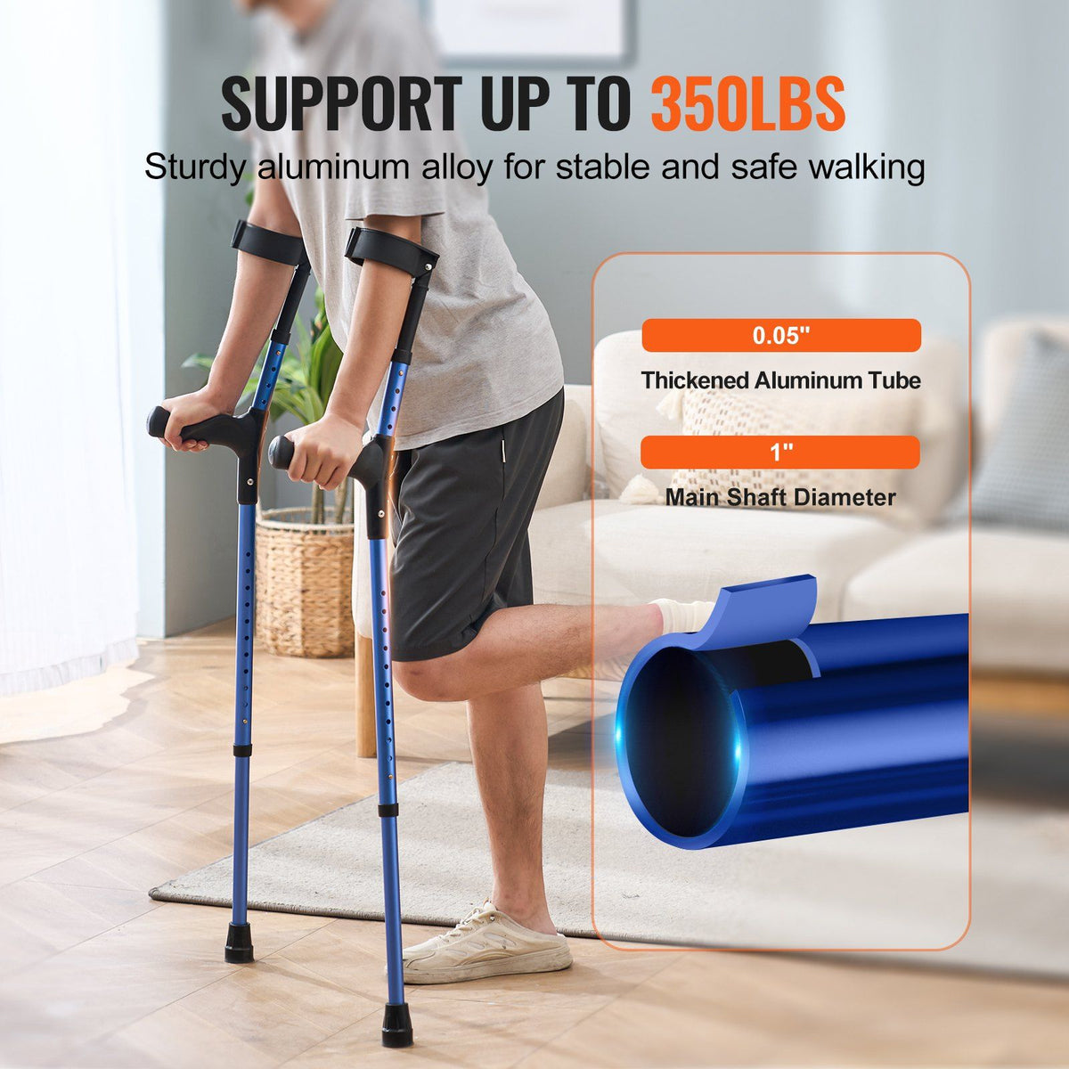Forearm Crutches for Adults, 11-Level Height Adjustable Walking Crutches with 4-Level Upper Cuff, Lightweight Aluminum Medical Support Crutches for Leg Injury Surgery Disabled, 1 Pair (350LBS)