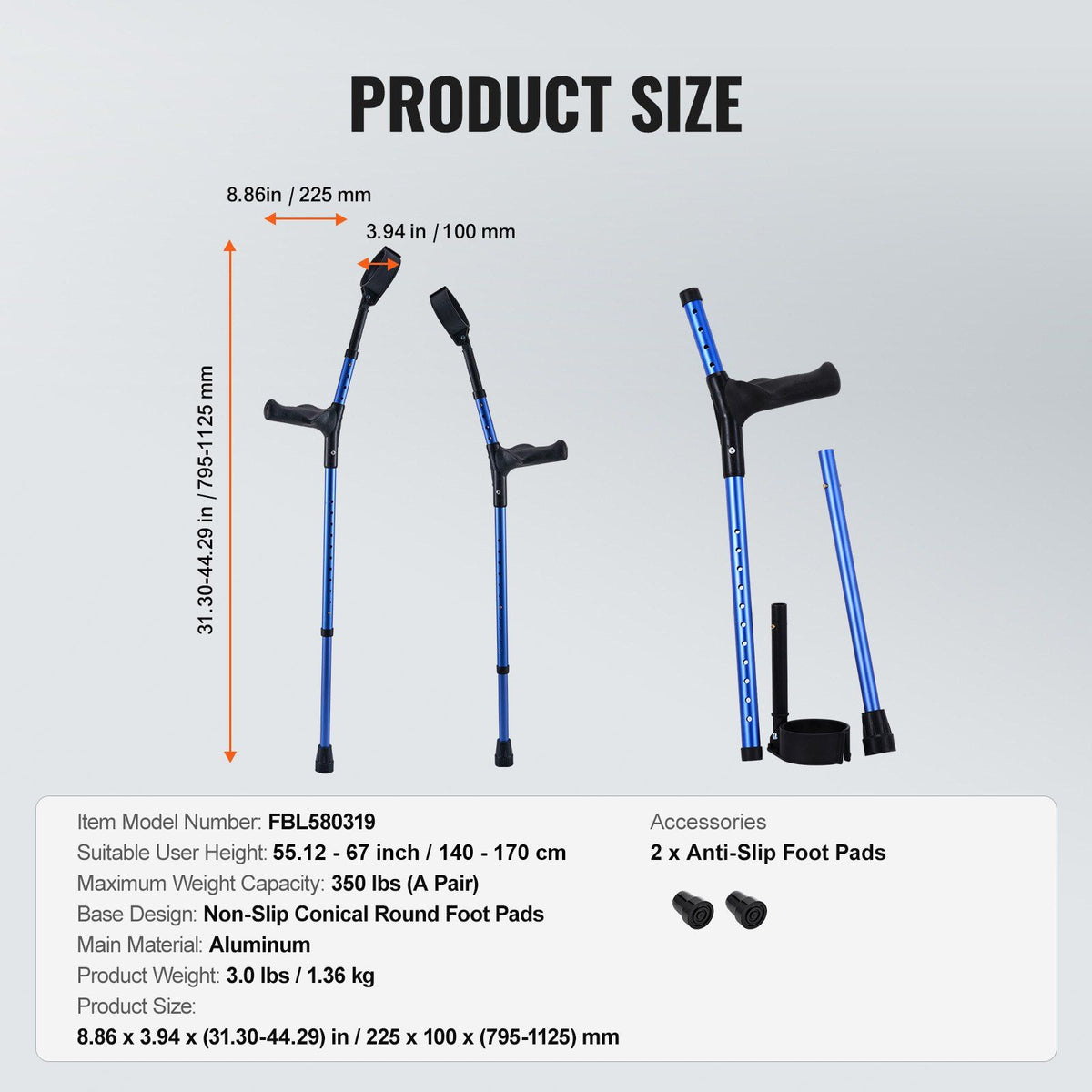 Forearm Crutches for Adults, 11-Level Height Adjustable Walking Crutches with 4-Level Upper Cuff, Lightweight Aluminum Medical Support Crutches for Leg Injury Surgery Disabled, 1 Pair (350LBS)