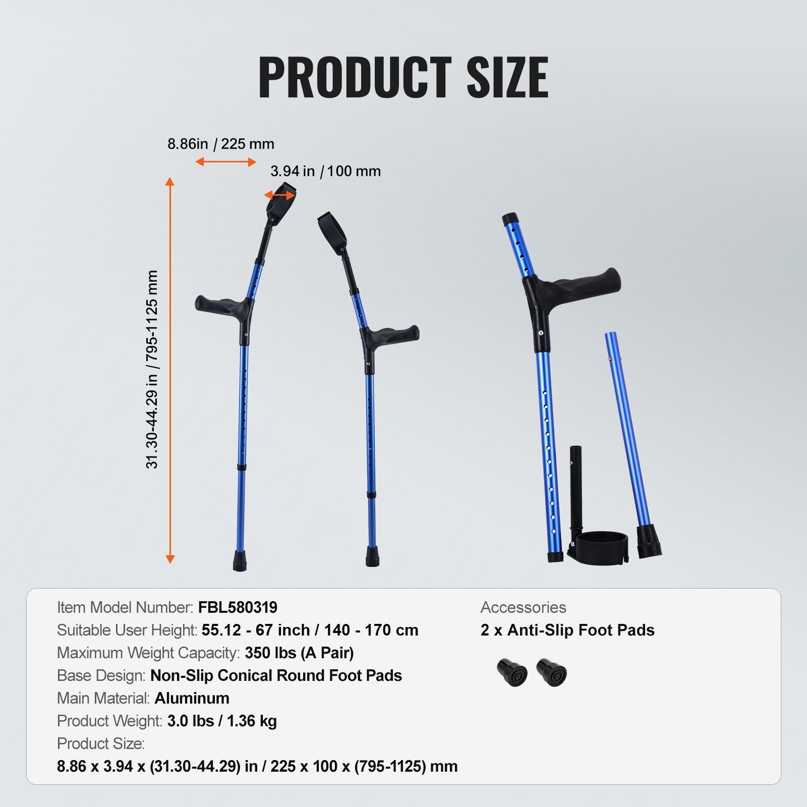 Forearm Crutches for Adults, 11-Level Height Adjustable Walking Crutches with 4-Level Upper Cuff, Lightweight Aluminum Medical Support Crutches for Leg Injury Surgery Disabled, 1 Pair (350LBS)