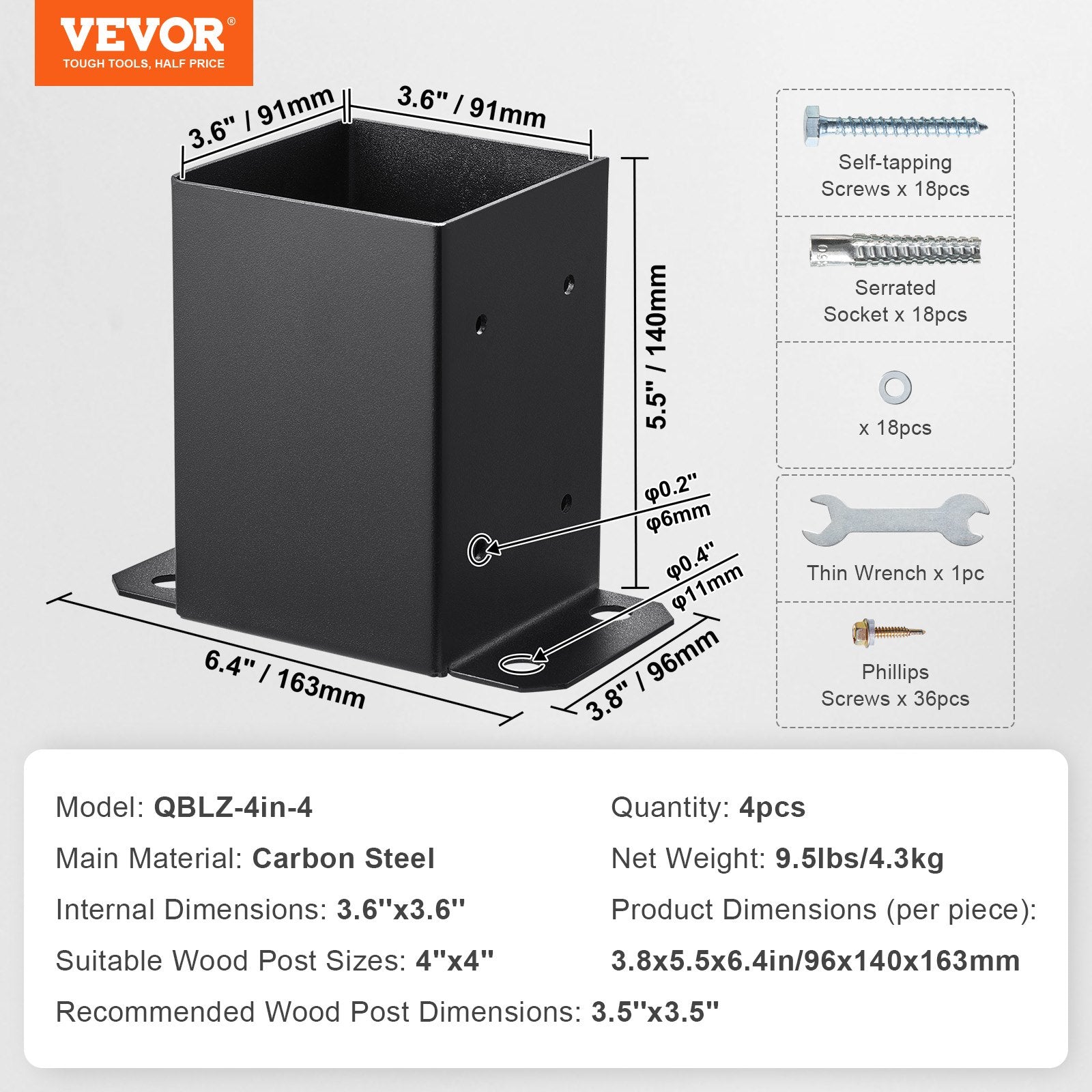 VEVOR 101.6x101.6mm Post Base 4 Pcs, Inner Size 91x91 Post Base Brackets, Heavy Duty Powder-Coated Post Anchor Matte Black Wood Post Brackets for Pavilion Deck Railing Support Deck Base Plate