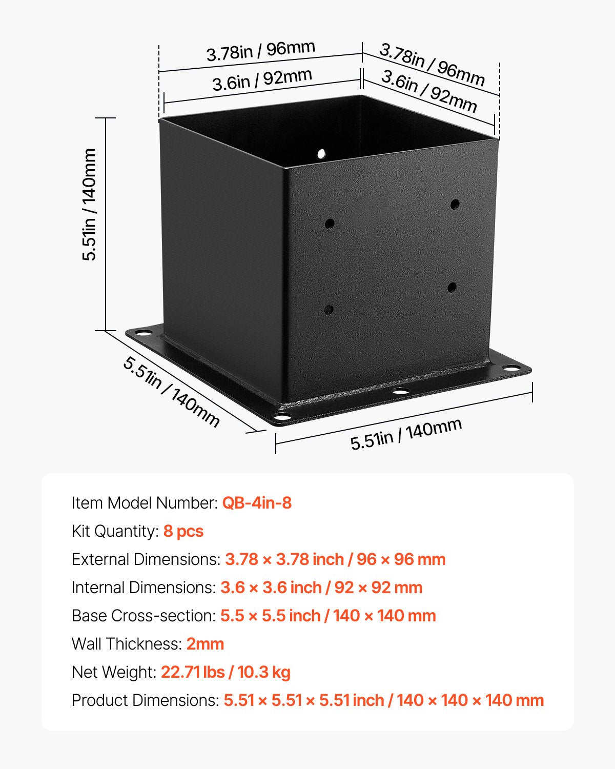 VEVOR 8 Pcs 4x4 Post Base Bracket Wood Fence Post Anchor Inner Size 3.6x3.6 in