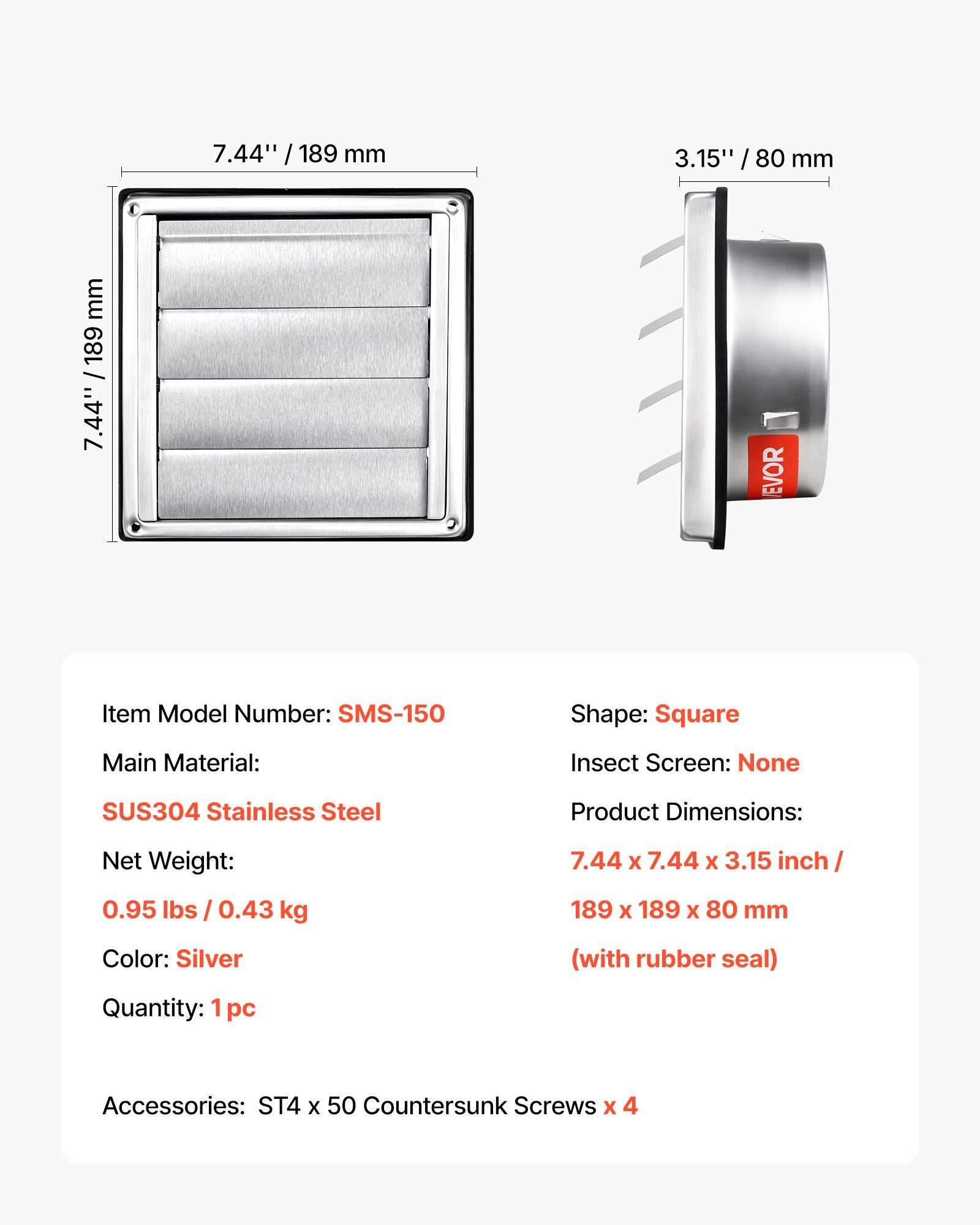 145mm Wall Vent Cover, Louvered Square AC Vent Gable Cover, Premium Stainless Steel & with Noise Reducing Rubber Gasket, for House,Bathroom,Garage,Kitchen,Basement (1 Pack, Silver)