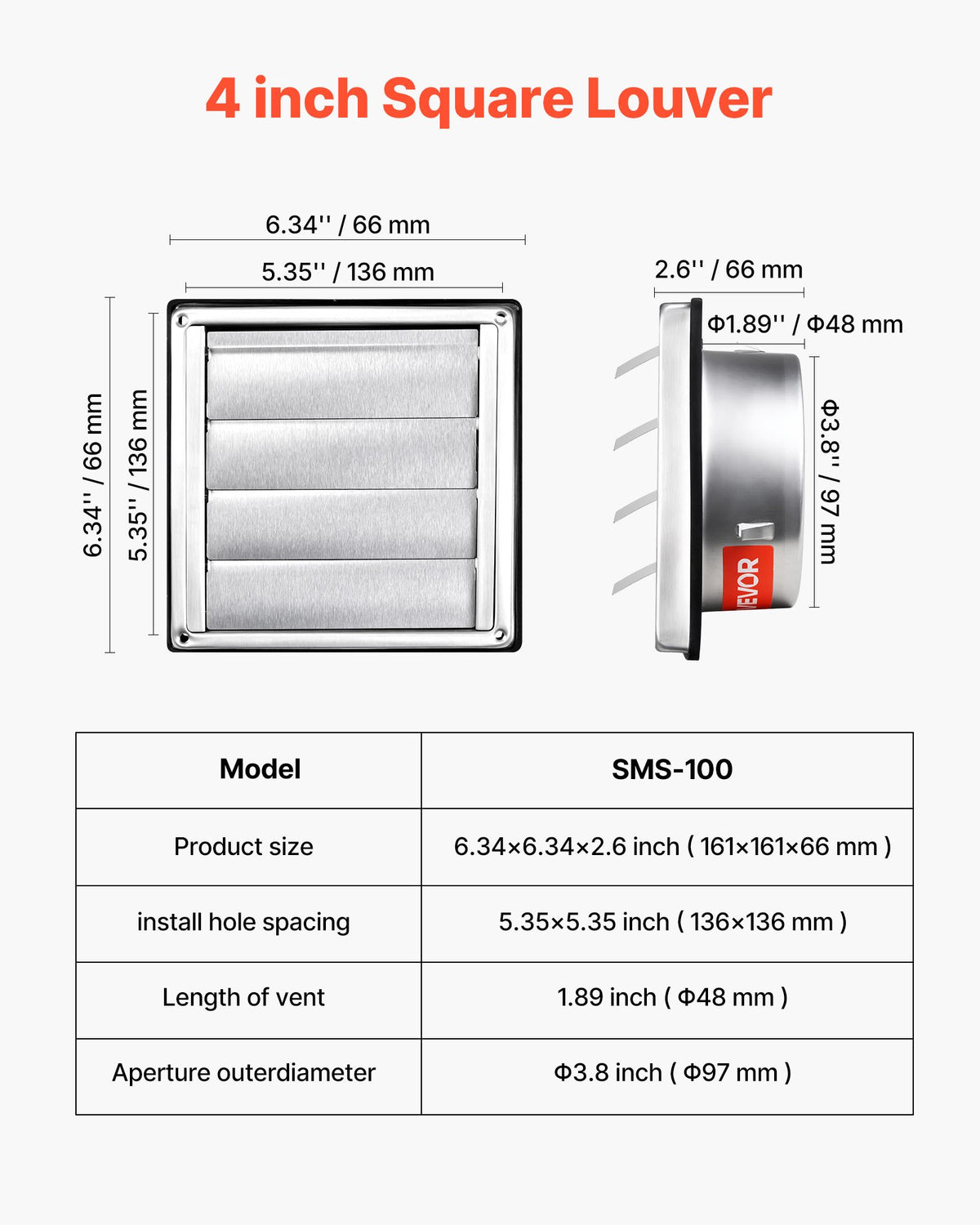 VEVOR 97mm Wall Vent Cover, Louvered Square AC Vent Gable Cover, Premium Stainless Steel & with Noise Reducing Rubber Gasket, for House,Bathroom,Garage,Kitchen,Basement (1 Pack, Silver)