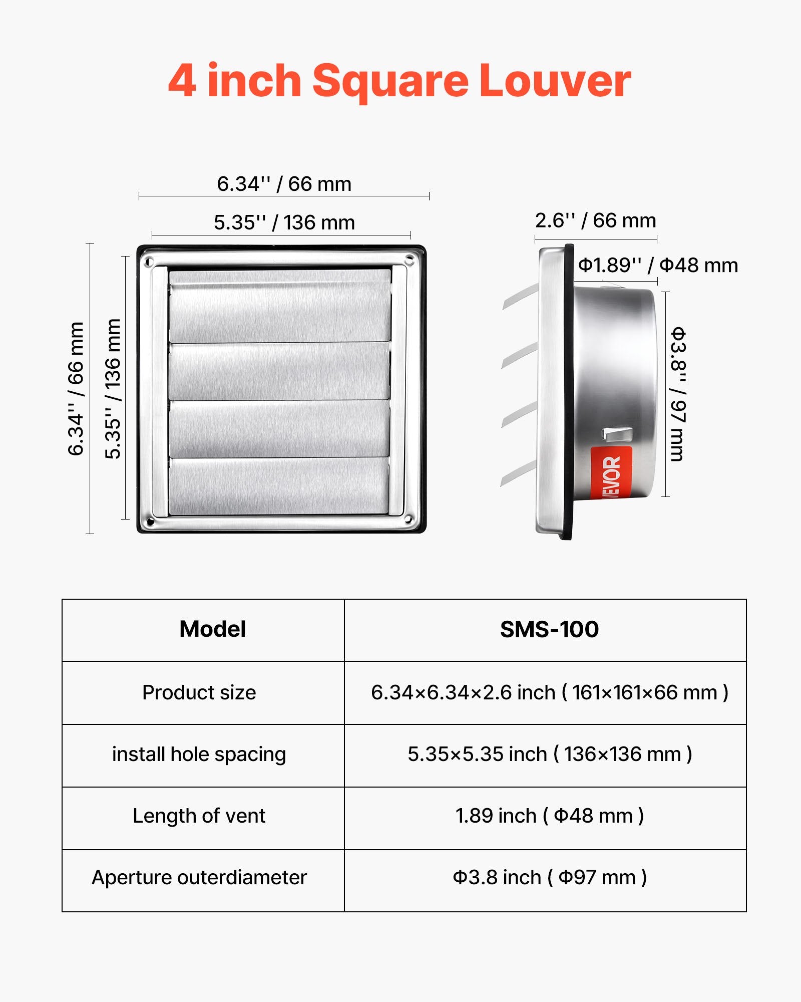 VEVOR 97mm Wall Vent Cover, Louvered Square AC Vent Gable Cover, Premium Stainless Steel & with Noise Reducing Rubber Gasket, for House,Bathroom,Garage,Kitchen,Basement (1 Pack, Silver)