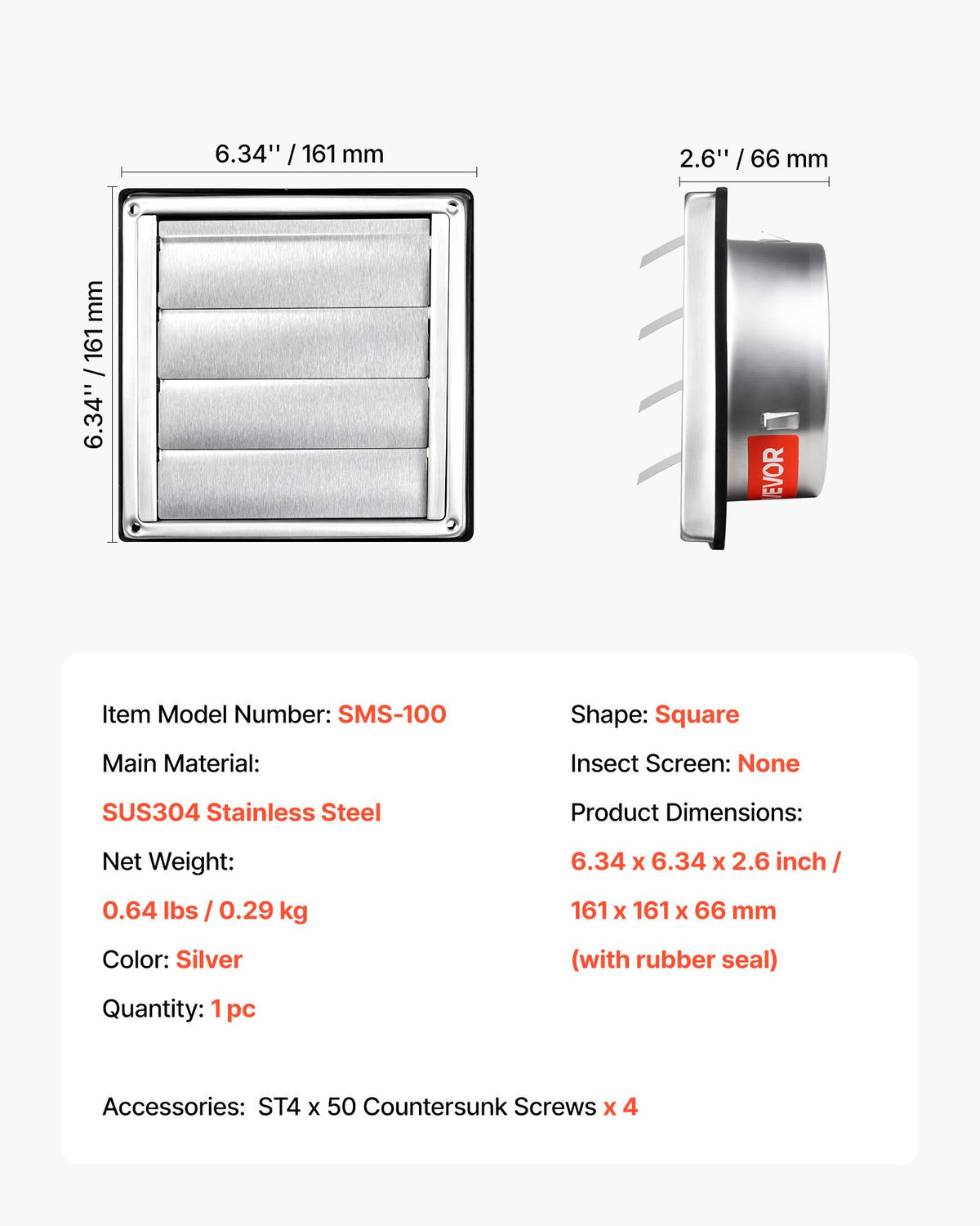 VEVOR 97mm Wall Vent Cover, Louvered Square AC Vent Gable Cover, Premium Stainless Steel & with Noise Reducing Rubber Gasket, for House,Bathroom,Garage,Kitchen,Basement (1 Pack, Silver)
