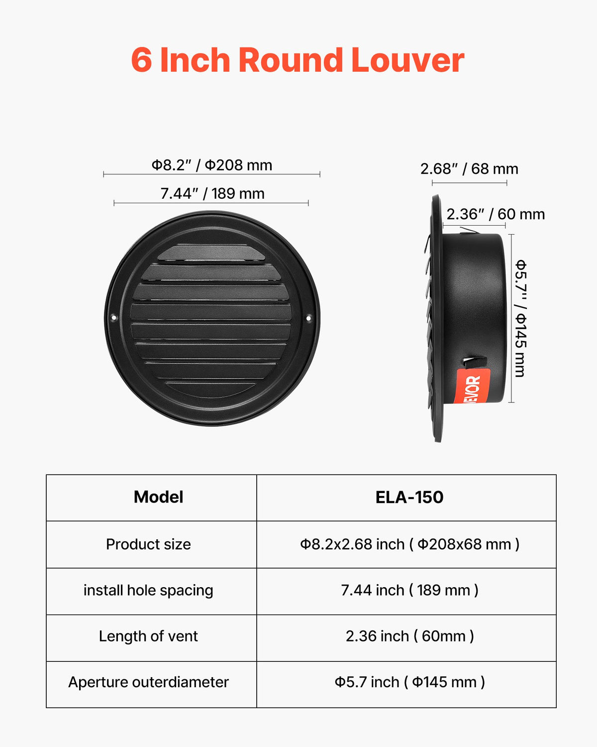VEVOR 145 mm Wall Vent Cover, Louvered Round AC Vent Gable Cover, Premium Stainless Steel & with Built-in a Protection Screen, for House,Bathroom,Garage,Kitchen,Basement (2 Pack, Black)