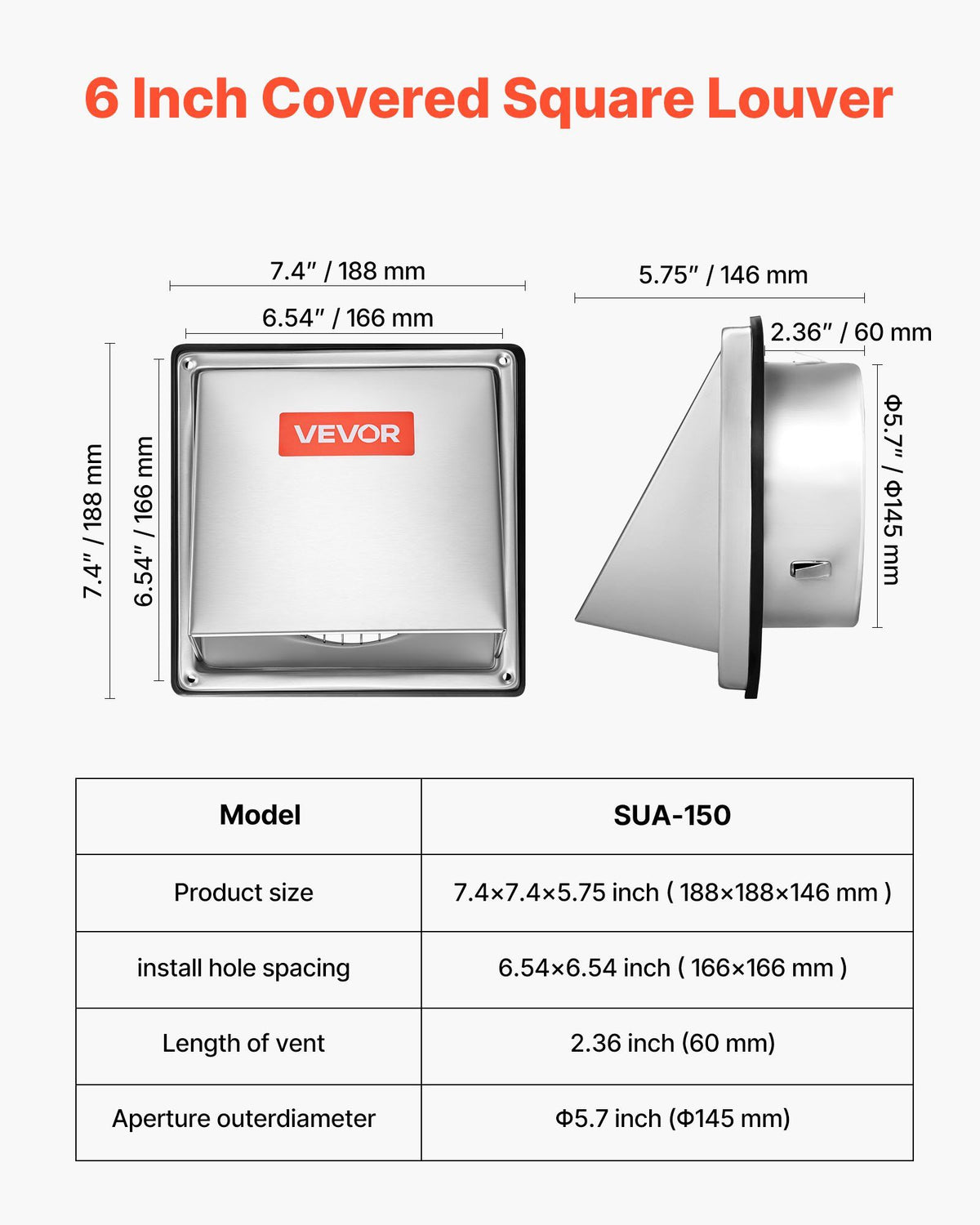 145 mm External Extractor Wall Vent Cover, Square AC Vent Gable Cover, Premium Stainless Steel & with Built-in a Protection Screen, for House,Bathroom,Garage,Kitchen,Basement (1 Pack, Silver)
