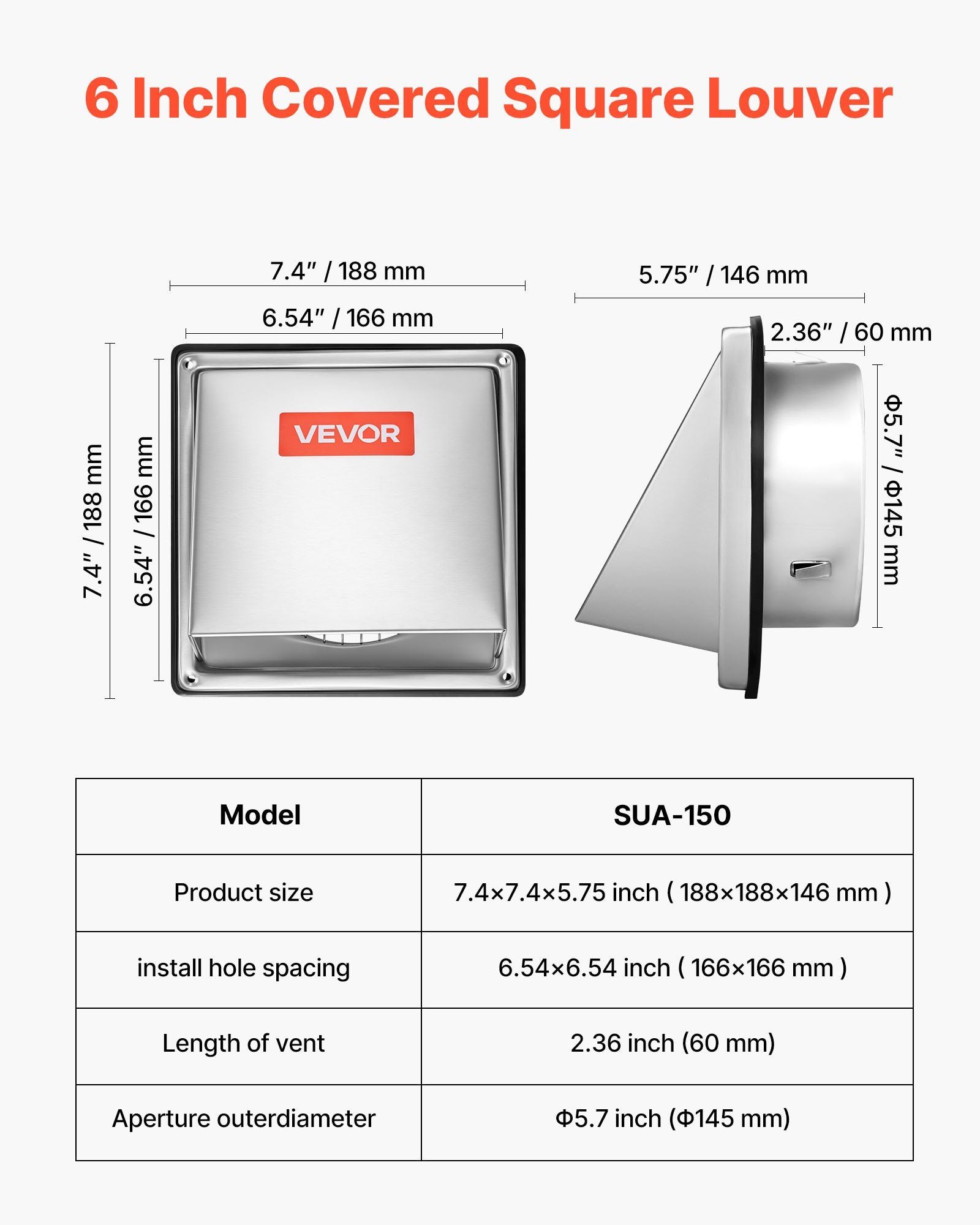 145 mm External Extractor Wall Vent Cover, Square AC Vent Gable Cover, Premium Stainless Steel & with Built-in a Protection Screen, for House,Bathroom,Garage,Kitchen,Basement (1 Pack, Silver)