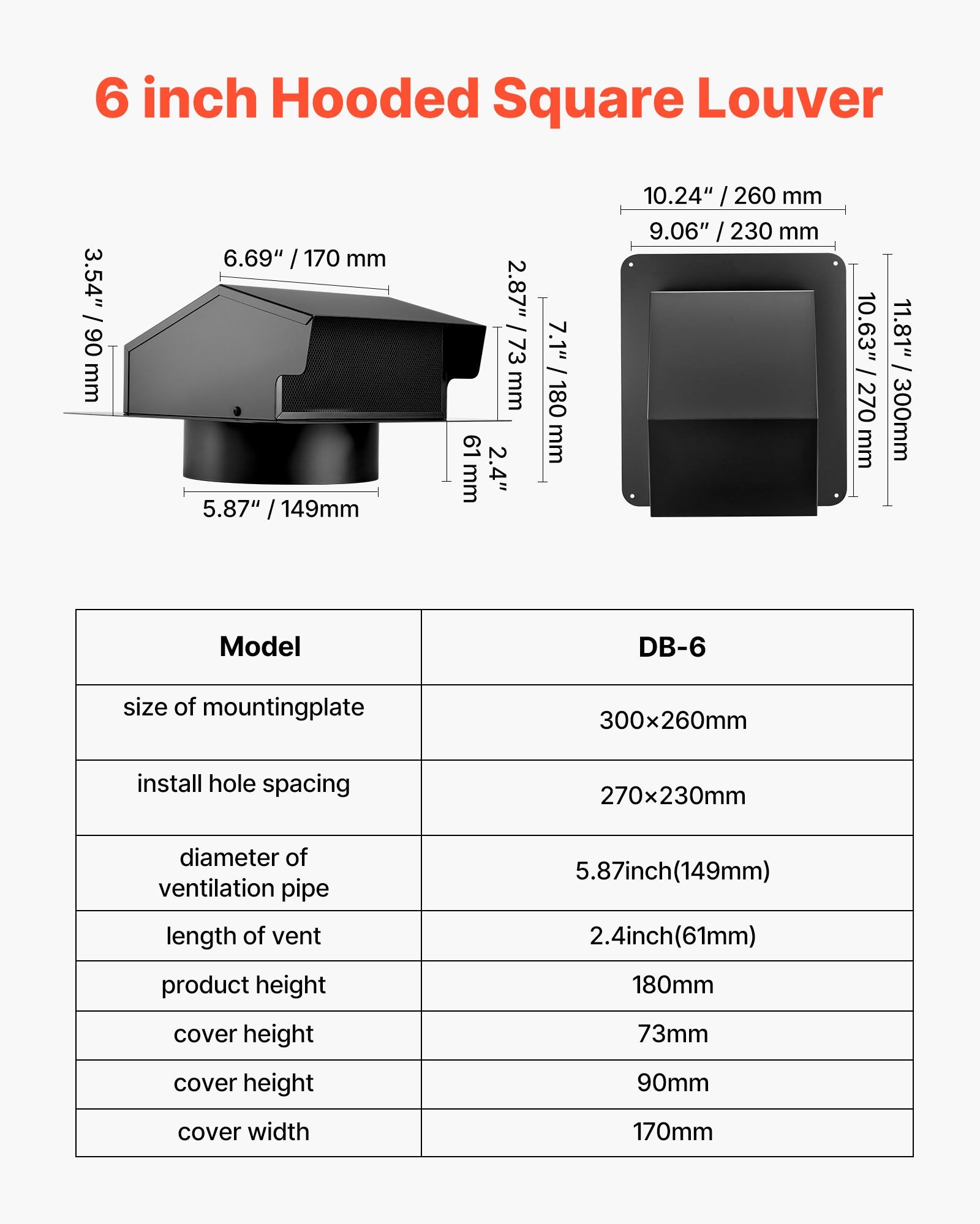 VEVOR 149 mm Hooded Wall Vent Cover SPCC Steel Roof Exhaust 1 Pack Black