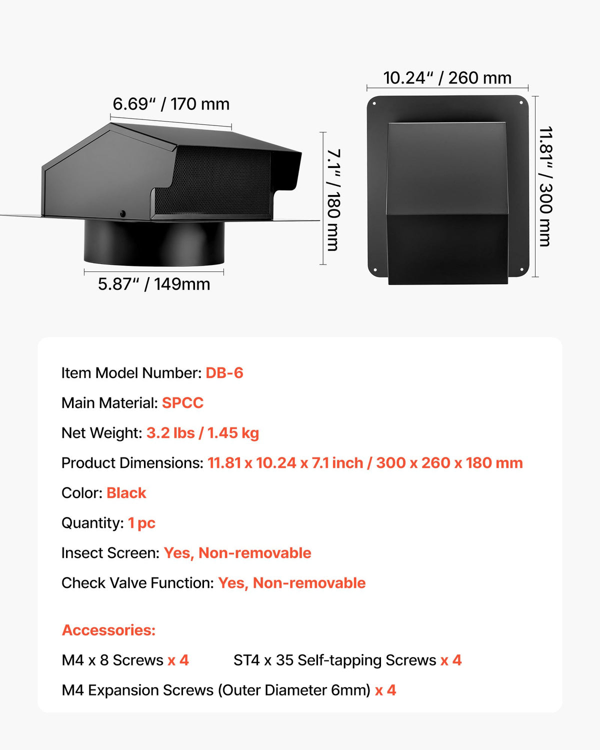 VEVOR 149 mm Hooded Wall Vent Cover SPCC Steel Roof Exhaust 1 Pack Black