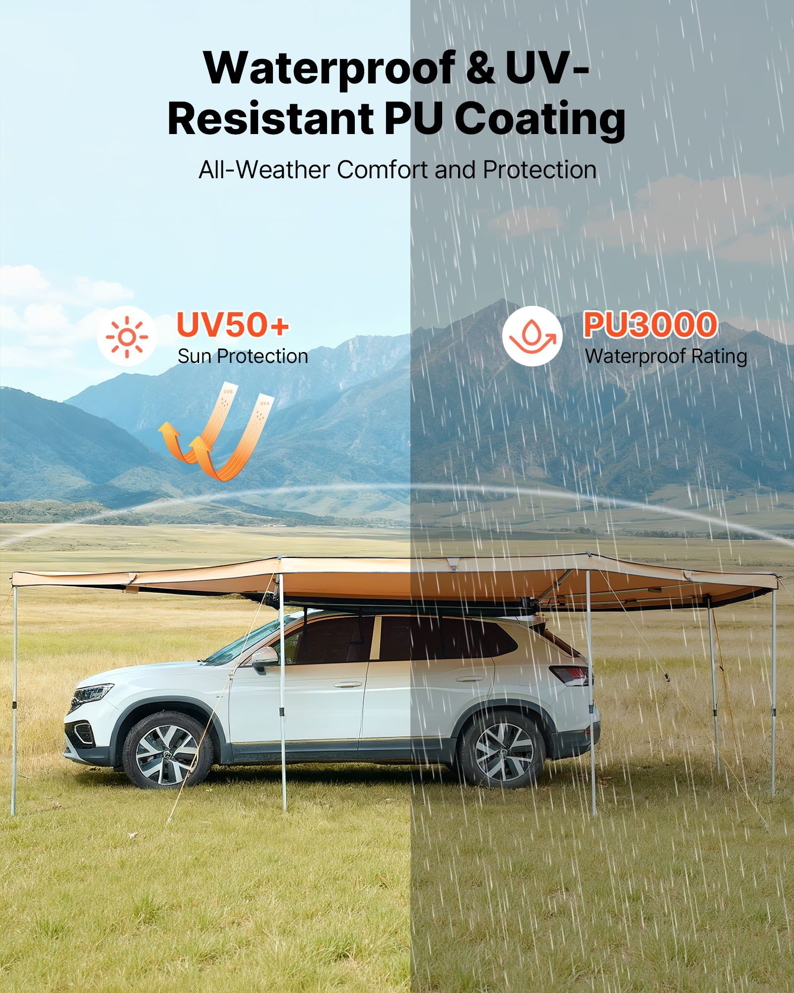 270 Degree Awning with Bulit-in LED Lights, 10.9 ㎡ Driver Side Vehicle Awning, Waterproof UV50+ Car Side Awnings, All-Weather Free-Standing Overland Awnings Car Shelter for SUV Truck Camping