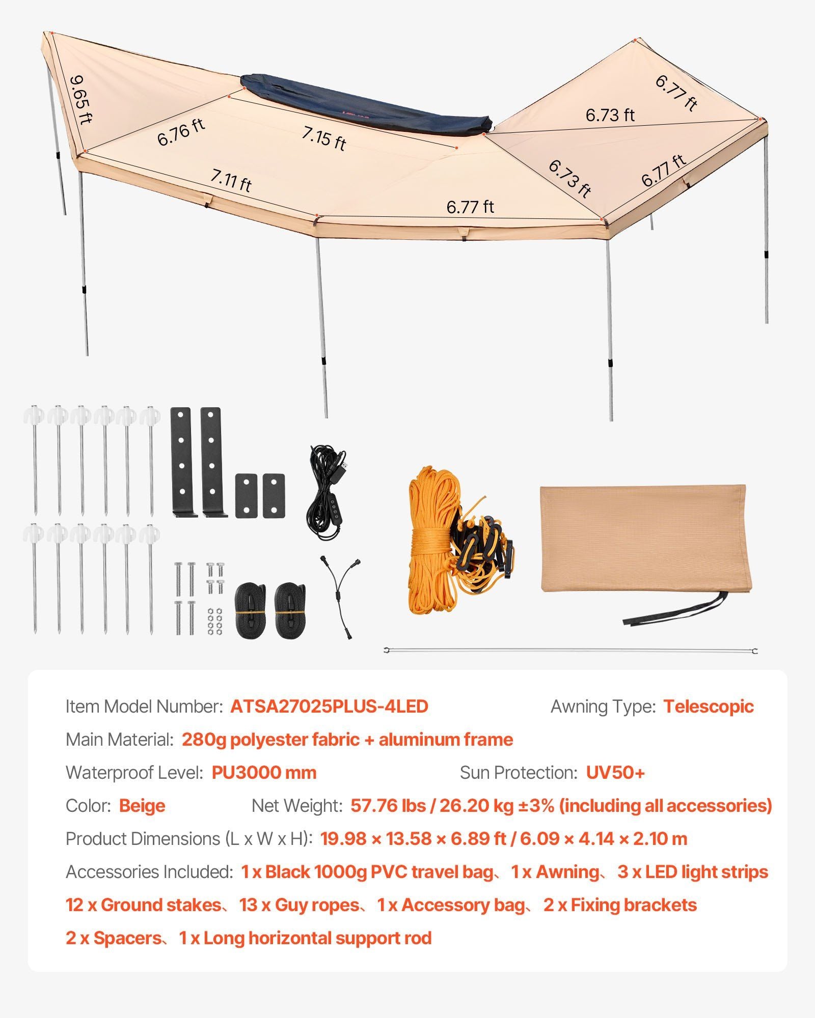 270 Degree Awning with Bulit-in LED Lights, 12.4 ㎡ Driver Side Vehicle Awning, Waterproof UV50+ Car Side Awnings, All-Weather Free-Standing Overland Awnings Car Shelter for SUV Truck Camping