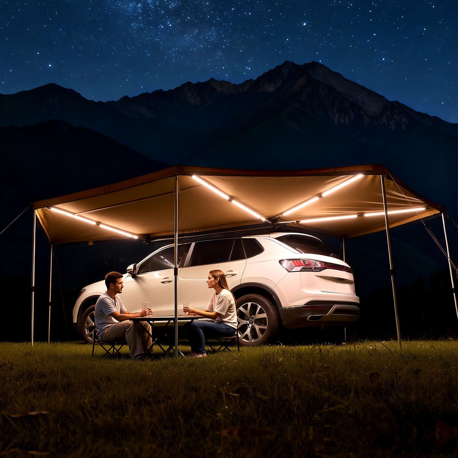 270 Degree Awning with Bulit-in LED Lights, 12.4 ㎡ Driver Side Vehicle Awning, Waterproof UV50+ Car Side Awnings, All-Weather Free-Standing Overland Awnings Car Shelter for SUV Truck Camping