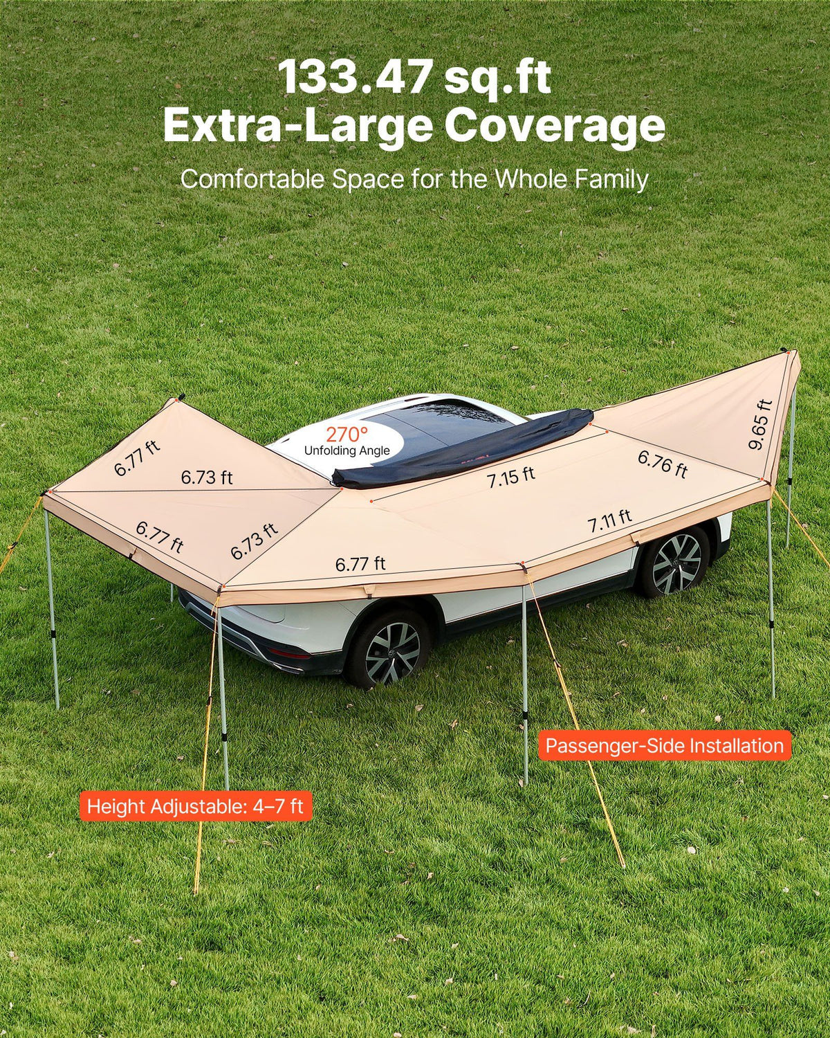 270 Degree Awning, 12.4 ㎡ Driver Side Vehicle Awning, Waterproof UV50+ Car Side Awnings with Carry Bag, All-Weather Free-Standing Overland Awnings Car Shelter for SUV Van Truck Camping