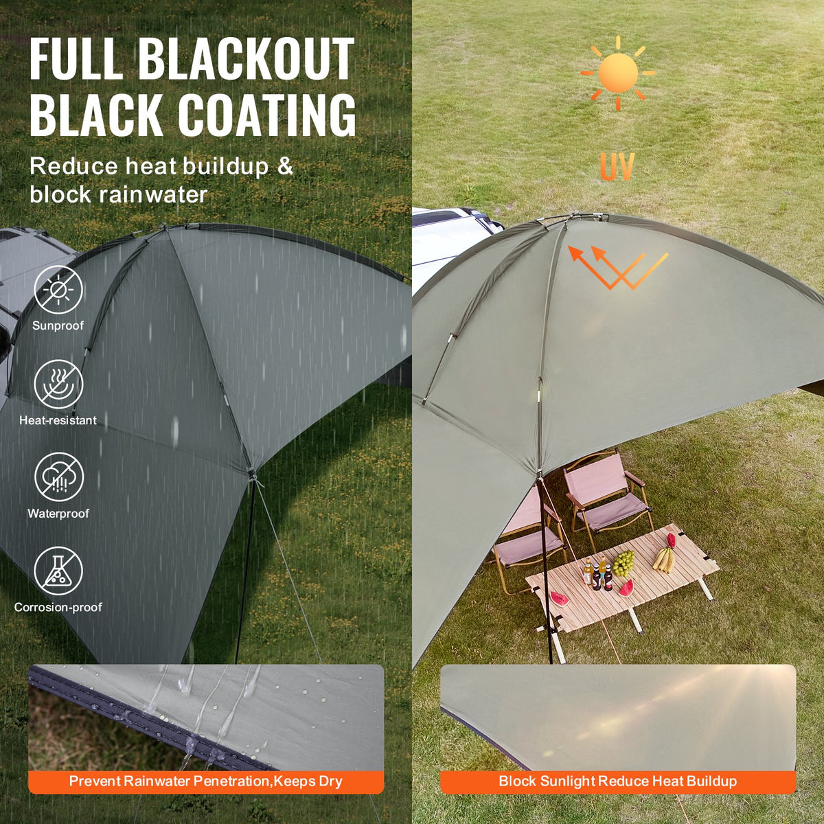 VEVOR Vehicle Awning, Large 10' x 7' Shade Coverage Car Side Awning, PU2000mm UV50+ Car Awning with Extended Side Canopies and Portable Storage Bag, Suitable for Truck, SUV, Van, Campers
