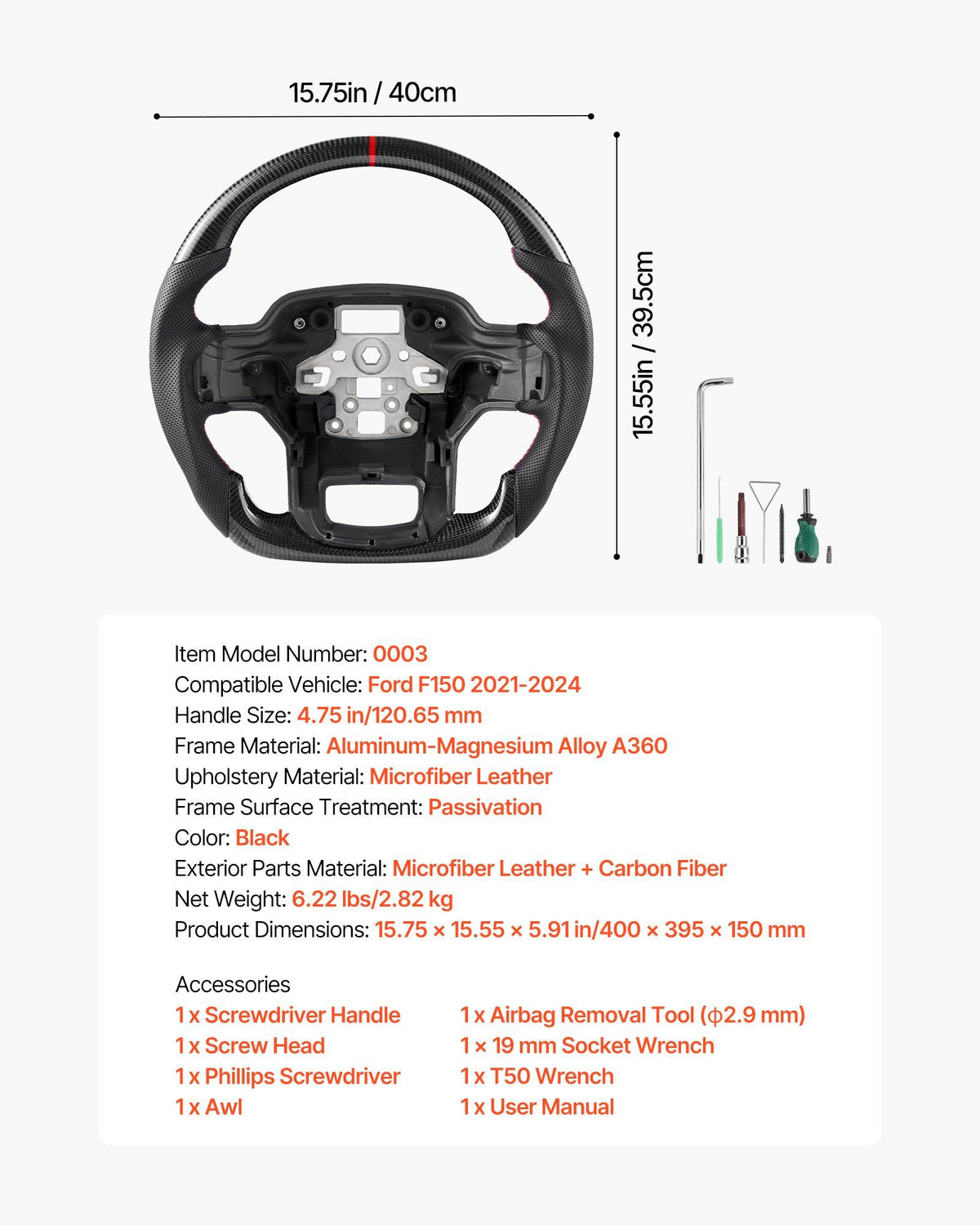 Steering Wheel for 2021-2024 Ford F150, Carbon Fiber Steering Wheel D-Shaped Flat-Bottom, Leather Grip with Non-Slip Texture & Precise Stitching, Accessories Replacement for Ford F150, Black