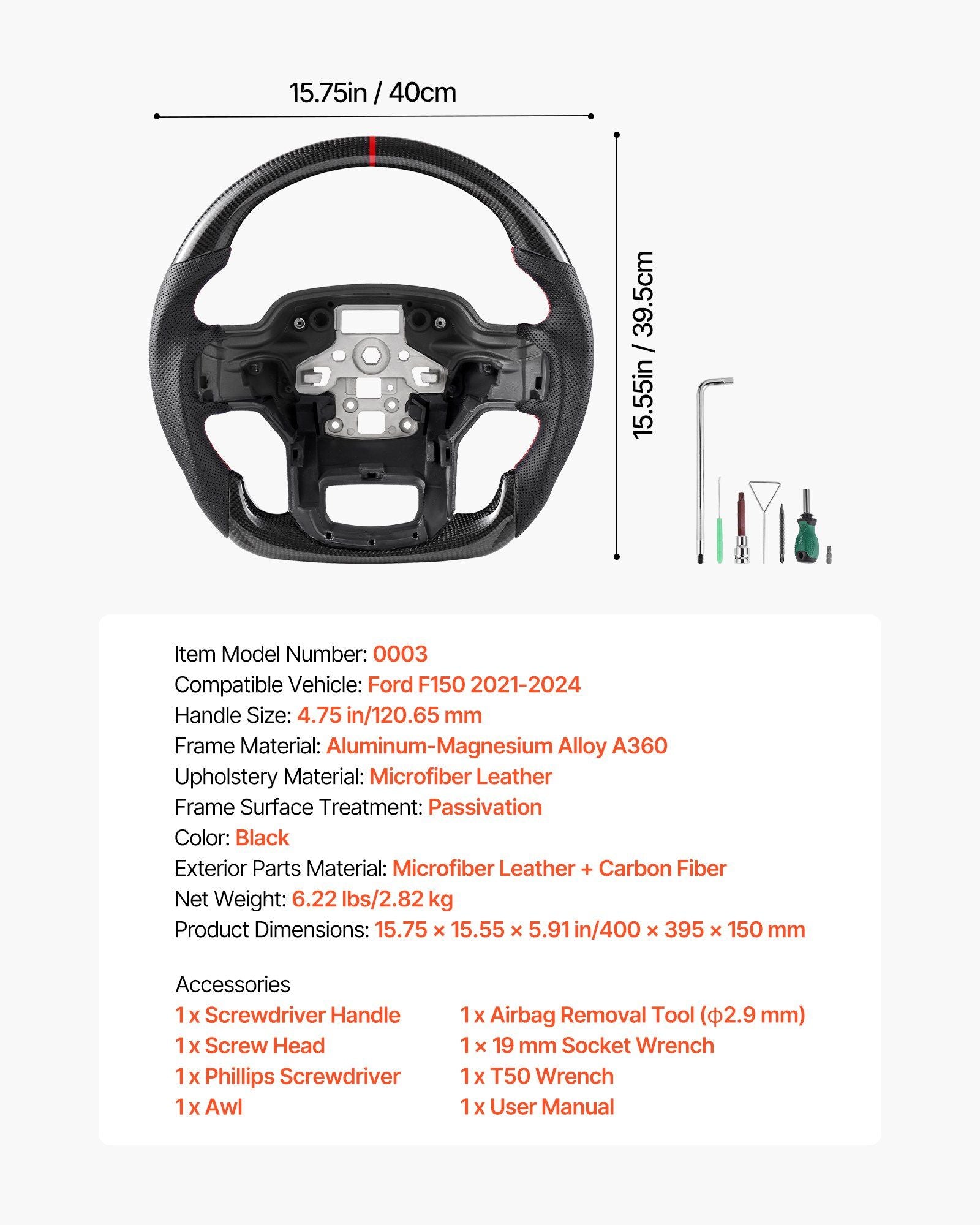 Steering Wheel for 2021-2024 Ford F150, Carbon Fiber Steering Wheel D-Shaped Flat-Bottom, Leather Grip with Non-Slip Texture & Precise Stitching, Accessories Replacement for Ford F150, Black