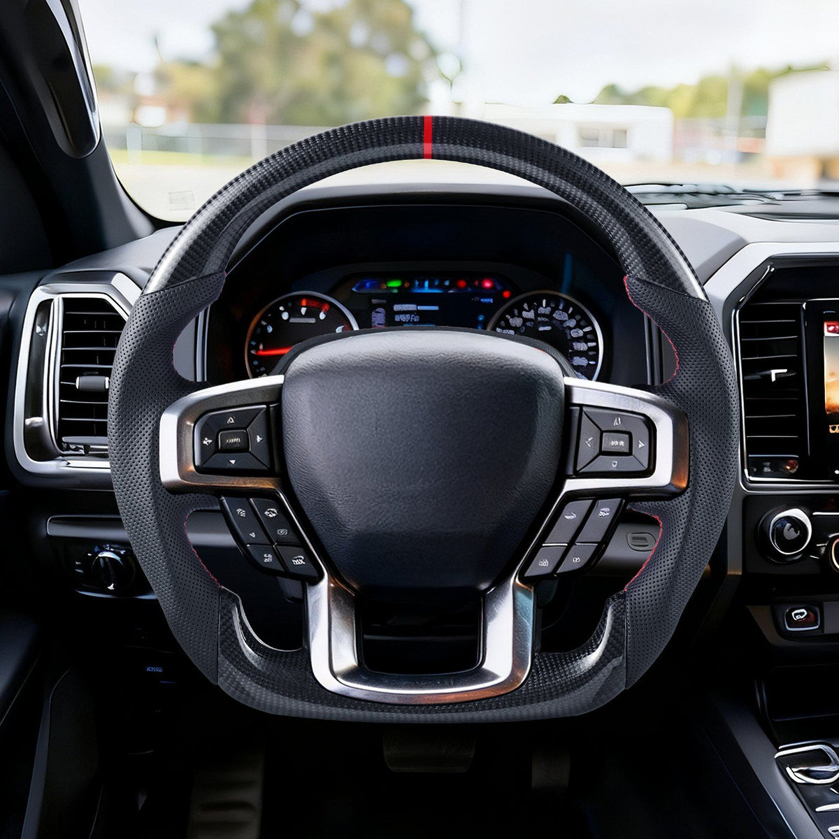 Steering Wheel for 2021-2024 Ford F150, Carbon Fiber Steering Wheel D-Shaped Flat-Bottom, Leather Grip with Non-Slip Texture & Precise Stitching, Accessories Replacement for Ford F150, Black