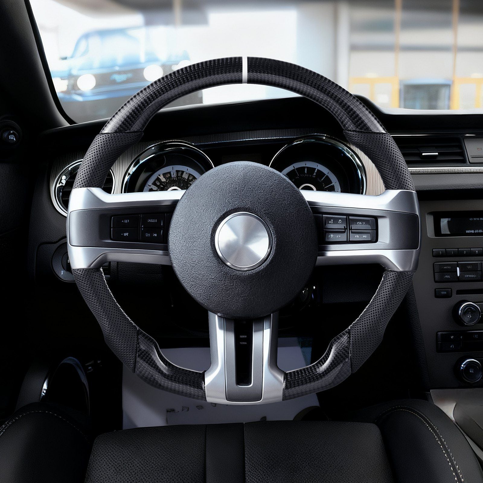 Steering Wheel for 2010-2014 Ford Mustang, Carbon Fiber Steering Wheel D-Shaped Flat-Bottom, Leather Grip with Non-Slip Texture & Precise Stitching, Accessories Replacement for Mustang, Black