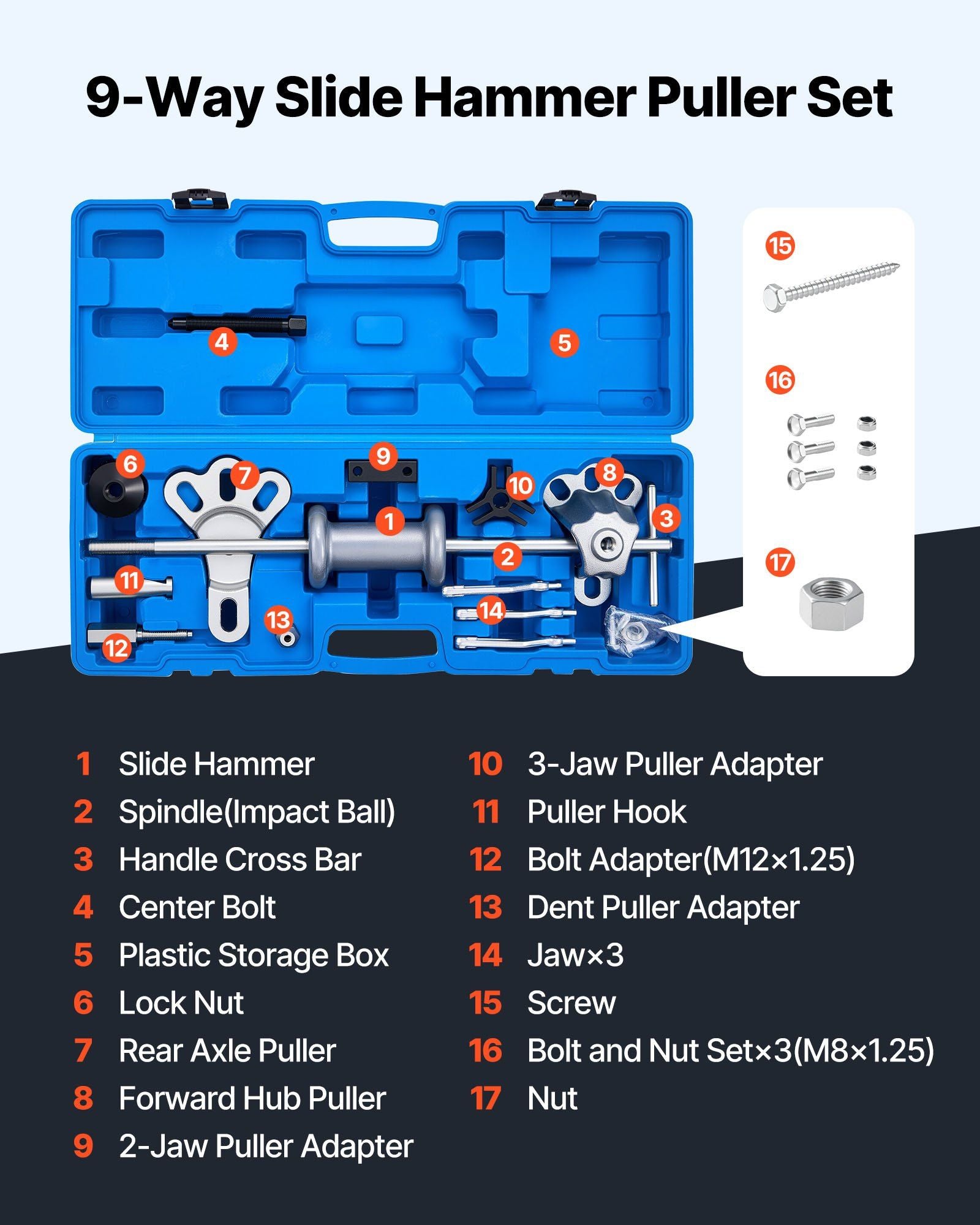 9-Way Slide Hammer Puller Set, 15PCS Front Wheel Hub Bearing Remover & Rear Wheel Axle Hub Dent Shaft Puller Tool Kit, Axle Bearing Puller Tool Kit and Slide Hammer Remover Set with Carry Box