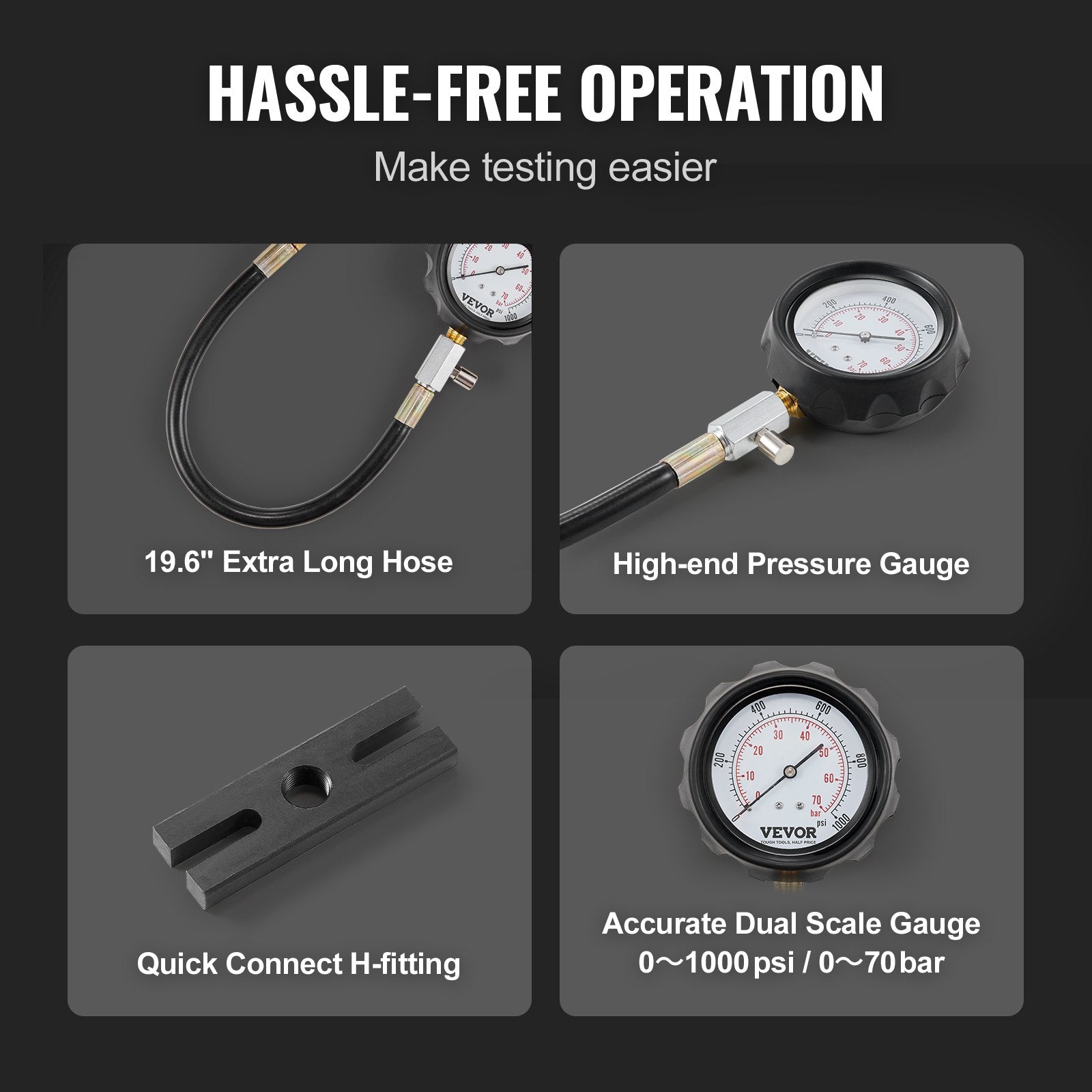 VEVOR Diesel Engine Compression Tester, 18 pcs Cylinder Pressure Test Tool Kit, with 0-1000 psi Gauge and Adapters, Diesel Injector Tester Check Cylinders in Diesel Trucks, Tractors, Equipment