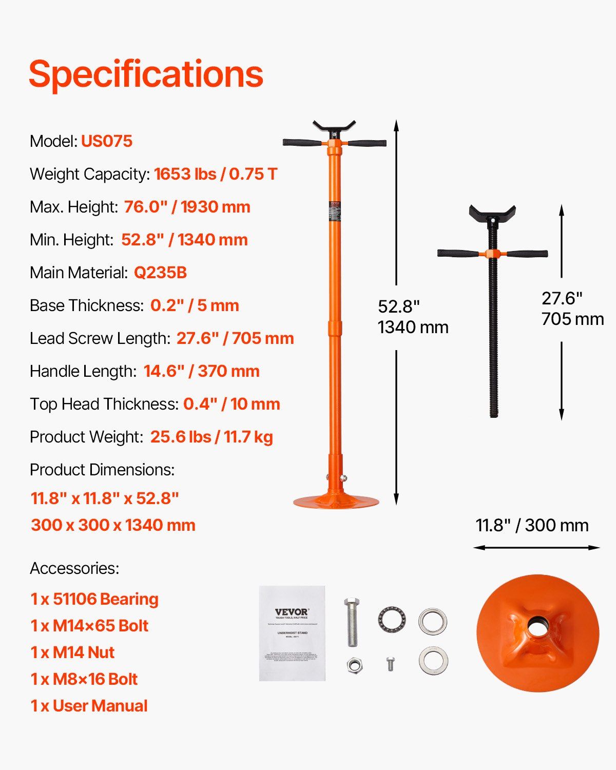Underhoist Support Stand, 3/4 Ton Capacity Under Hoist Jack Stand, Lifting from 52.8 to 76 in, Self-Locking Threaded Screw, Bearing Mounted Spin Handle Pole Jack, Support Vehicle Components