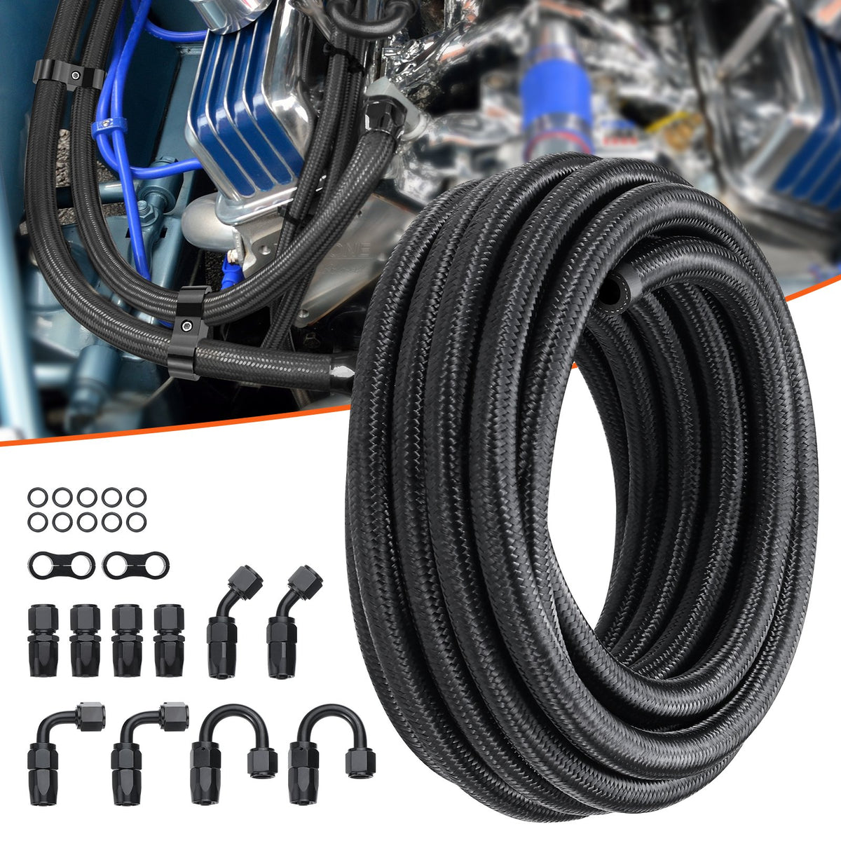 VEVOR 8AN Fuel Line Kit, 6.1 m Fuel Hose Kit, 1.0 cm Nylon Stainless Steel Braided Fuel Line Oil/Gas/Diesel Hose End Fitting Kit, with 12 PCS Swivel Fitting Adapter Kit, Black