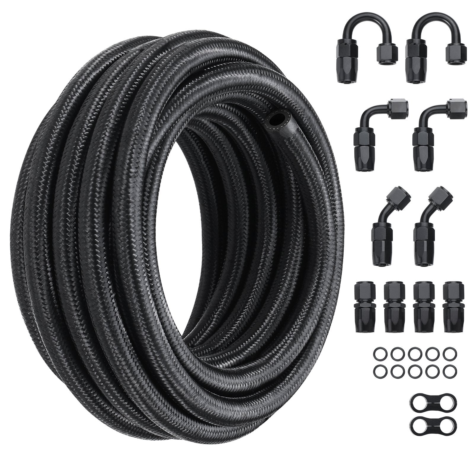 VEVOR 8AN Fuel Line Kit, 6.1 m Fuel Hose Kit, 1.0 cm Nylon Stainless Steel Braided Fuel Line Oil/Gas/Diesel Hose End Fitting Kit, with 12 PCS Swivel Fitting Adapter Kit, Black