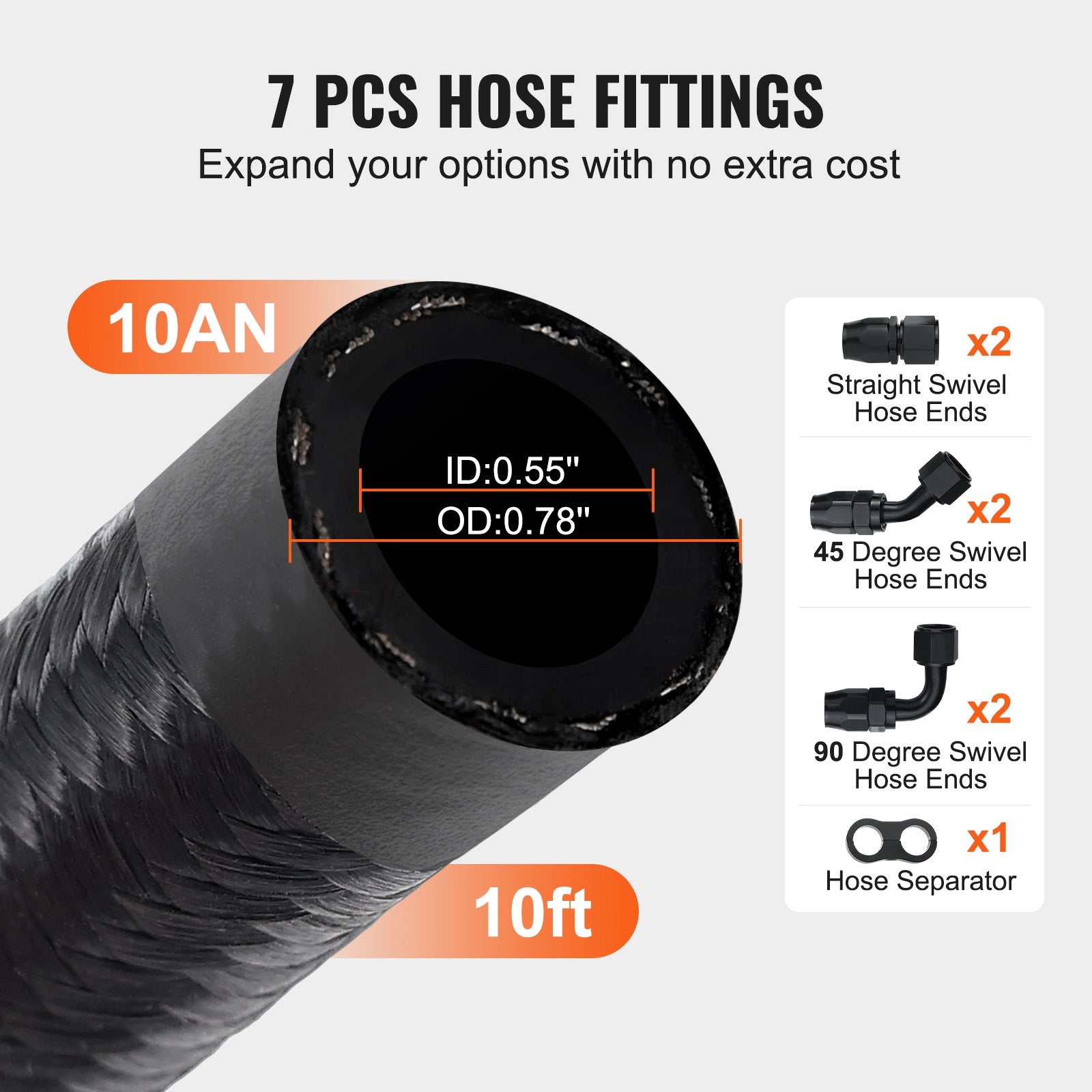 VEVOR 10AN Fuel Line Kit, 3.05 m Fuel Hose Kit, 1.4 cm Nylon Stainless Steel Braided Fuel Line Oil/Gas/Diesel Hose End Fitting Kit, with 7 PCS Swivel Fitting Adapter Kit, Black