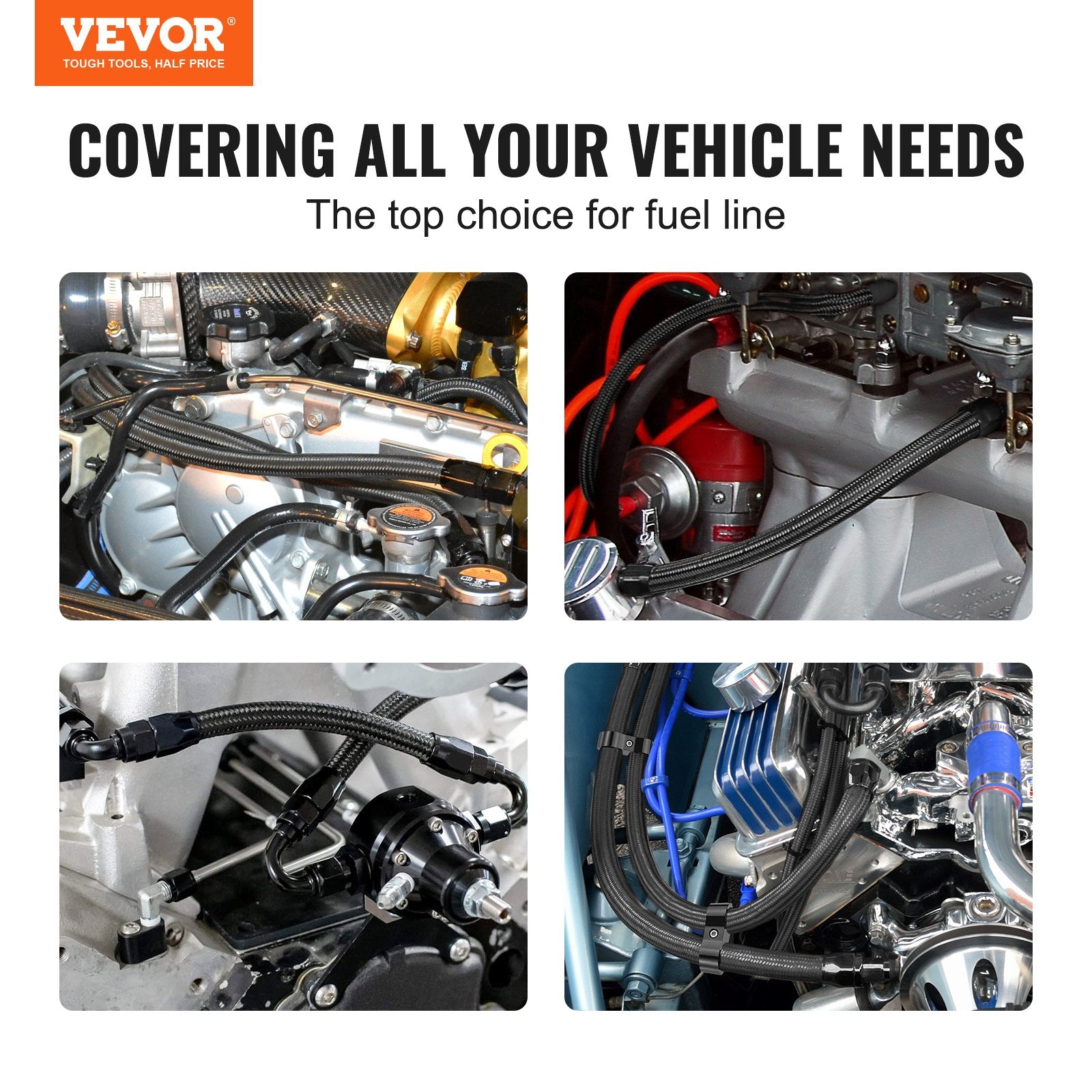 VEVOR 6AN Fuel Line Kit, 6.1 m Fuel Hose Kit, 0.86 cm Nylon Stainless Steel Braided Fuel Line Oil/Gas/Diesel Hose End Fitting Kit, with 12 PCS Swivel Fitting Adapter Kit, Black