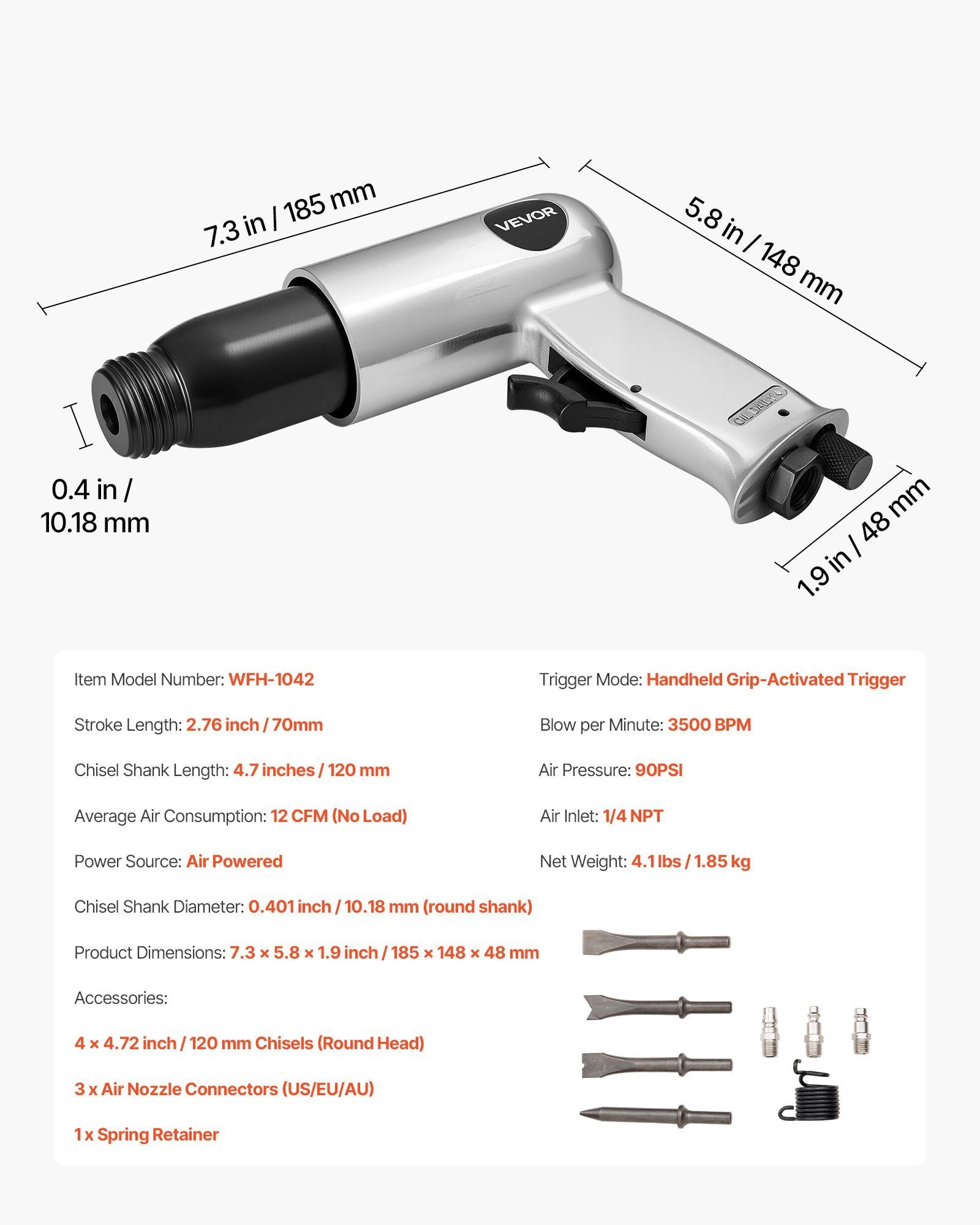 Air Hammer, 3500BPM Pneumatic Hammer with 70mm Stroke & 4PCS Chisels Round Shank, Pistol-Grip Compact Air Chisel Pneumatic Shovel Tool for Cutting Punching Scraping