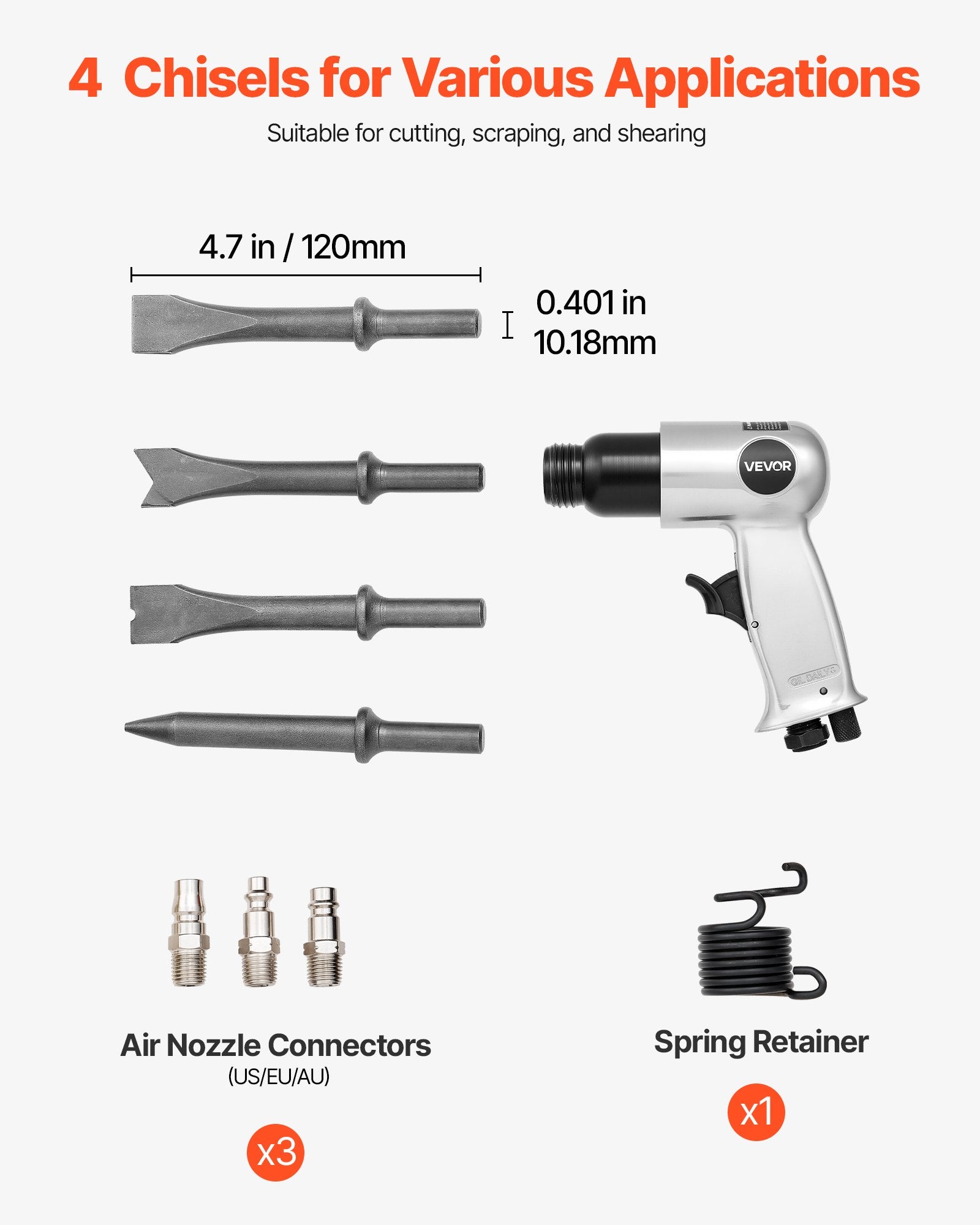 VEVOR Air Hammer, 4500BPM Pneumatic Hammer with 40mm Stroke & 4PCS Chisels Round Shank, Lightweight & Compact Air Chisel Pneumatic Shovel Tool for Cutting Punching Scraping