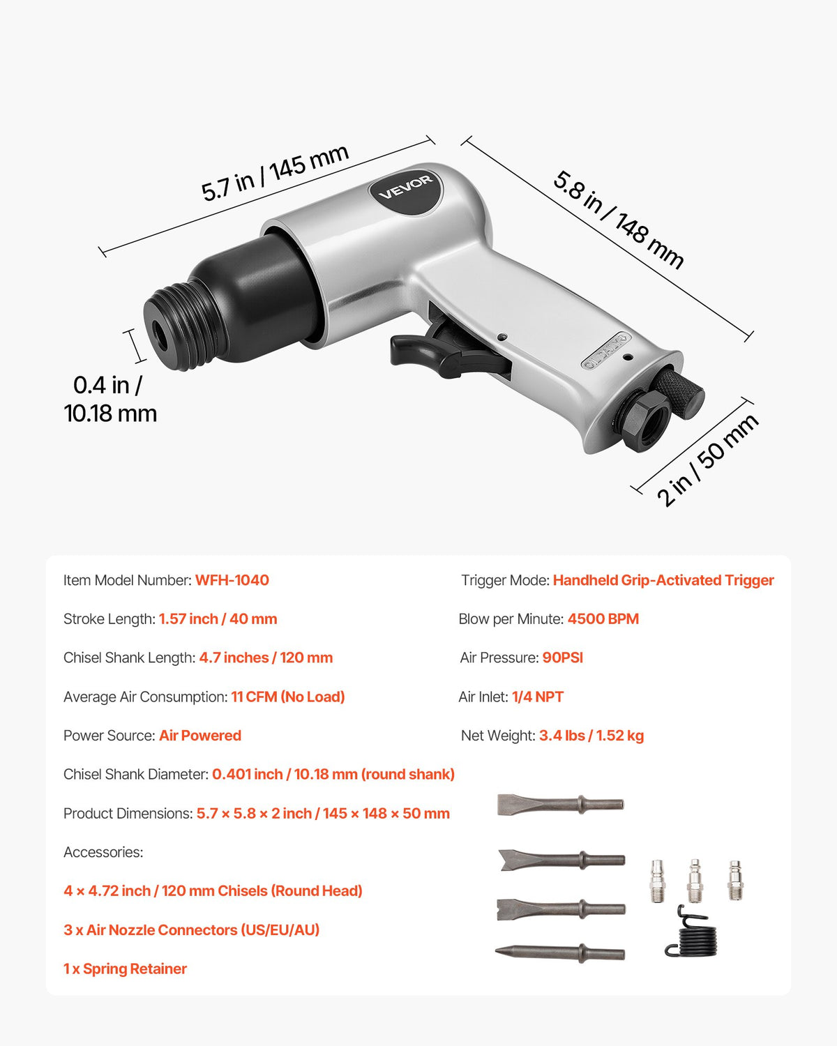 VEVOR Air Hammer, 4500BPM Pneumatic Hammer with 40mm Stroke & 4PCS Chisels Round Shank, Lightweight & Compact Air Chisel Pneumatic Shovel Tool for Cutting Punching Scraping