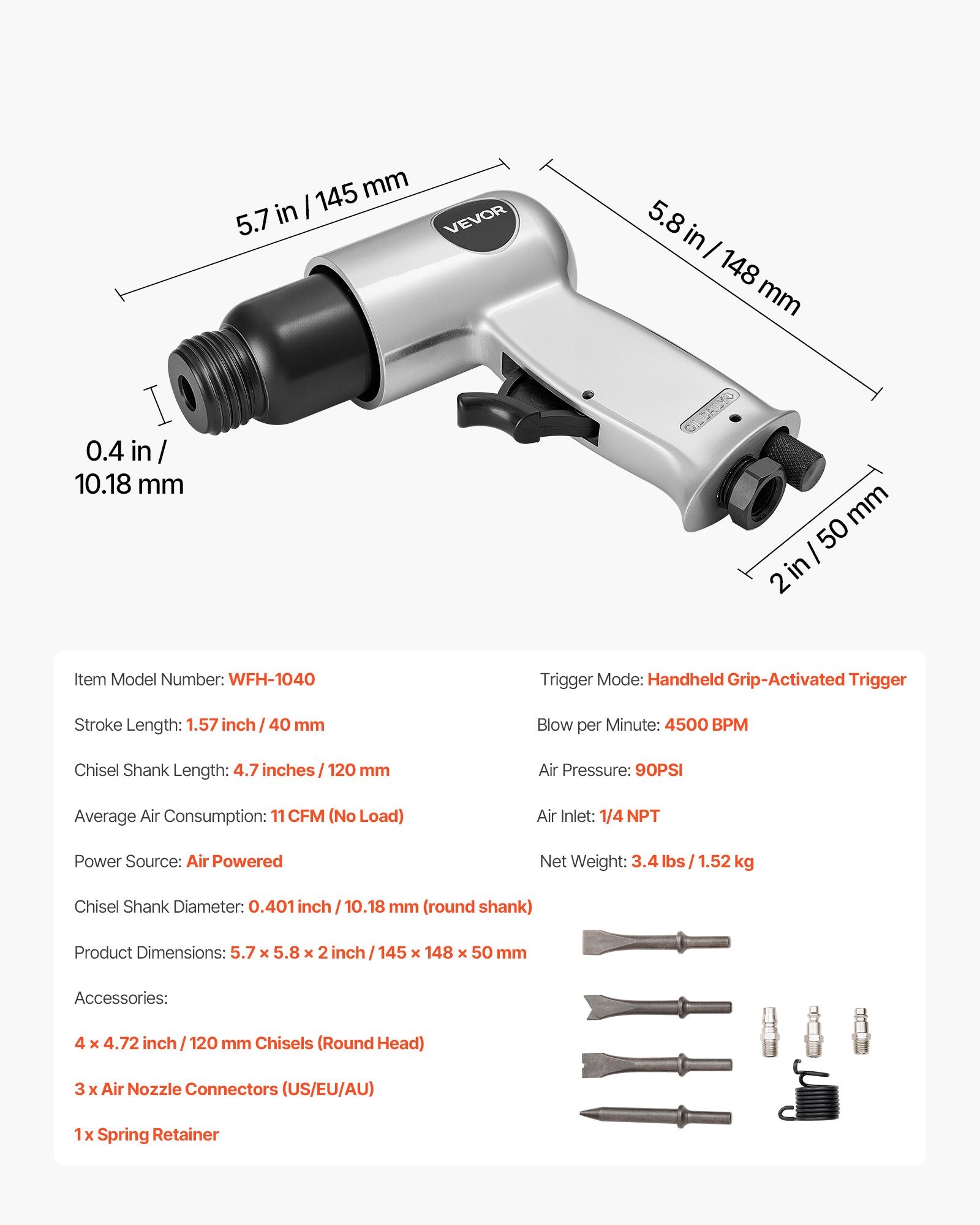 VEVOR Air Hammer, 4500BPM Pneumatic Hammer with 40mm Stroke & 4PCS Chisels Round Shank, Lightweight & Compact Air Chisel Pneumatic Shovel Tool for Cutting Punching Scraping