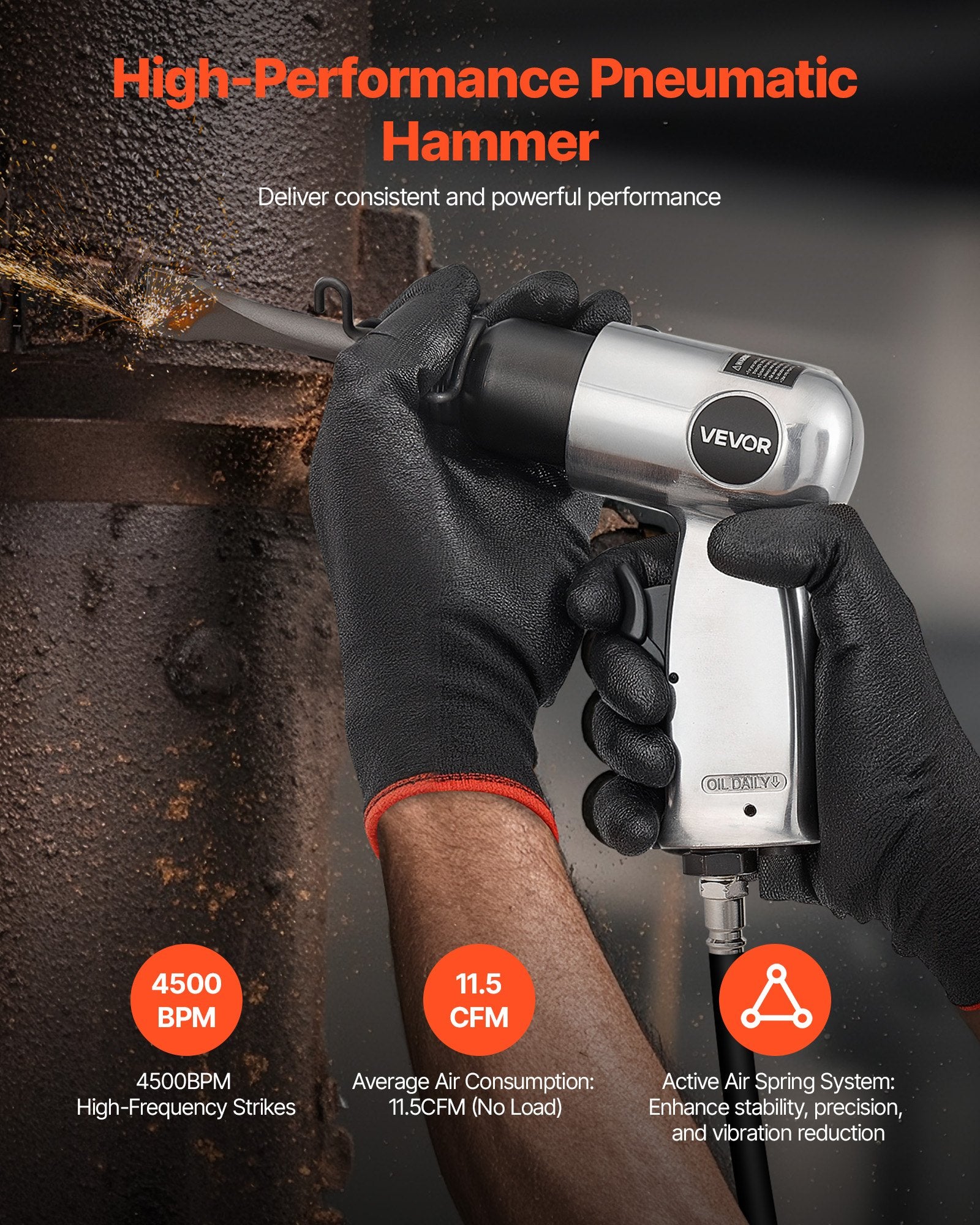 VEVOR Air Hammer, 4500BPM Pneumatic Hammer with Rust Removal Air Needle Scaler & 4PCS Chisels Round Shank, Lightweight & Compact Air Chisel Pneumatic Shovel Tool for Cutting Scraping Demolishing