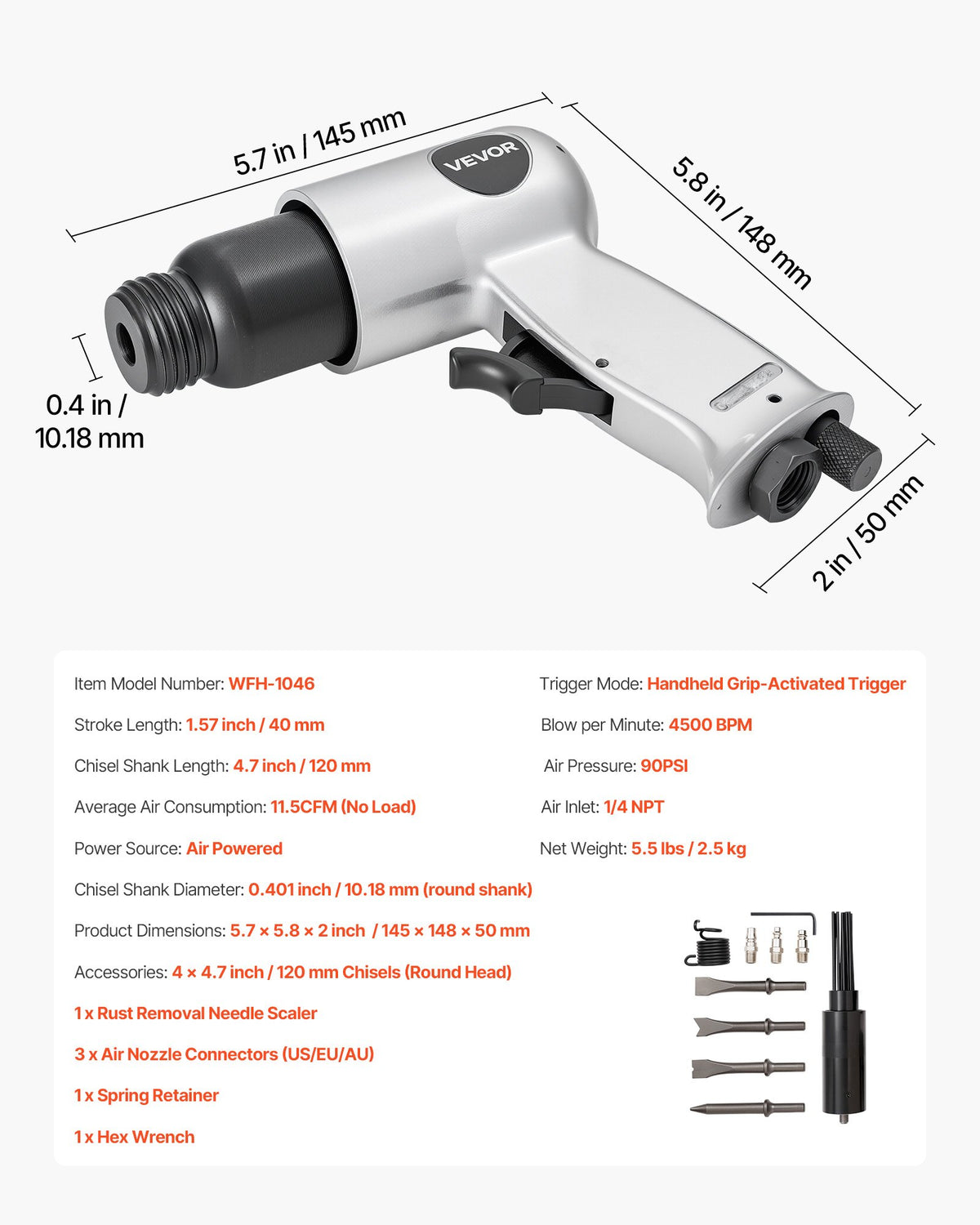 VEVOR Air Hammer, 4500BPM Pneumatic Hammer with Rust Removal Air Needle Scaler & 4PCS Chisels Round Shank, Lightweight & Compact Air Chisel Pneumatic Shovel Tool for Cutting Scraping Demolishing