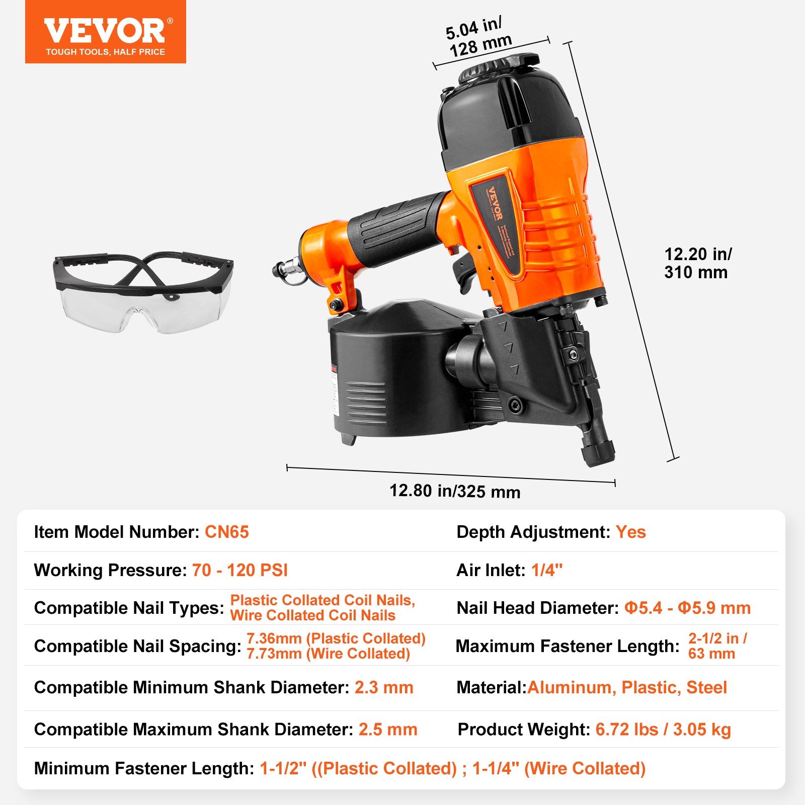 VEVOR CN65 Coil Siding Nailer 32mm to 63mm 15 Degree Pneumatic Nail Gun