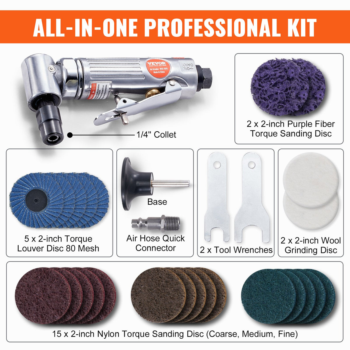 VEVOR Air Angle Die Grinder, 1/4" Right Angle Die Grinder (20000RPM), Heavy Duty 90-Degree Angled Air Powered, 24PCS Discs for Grinding, Polishing, Deburring, Rust Removal