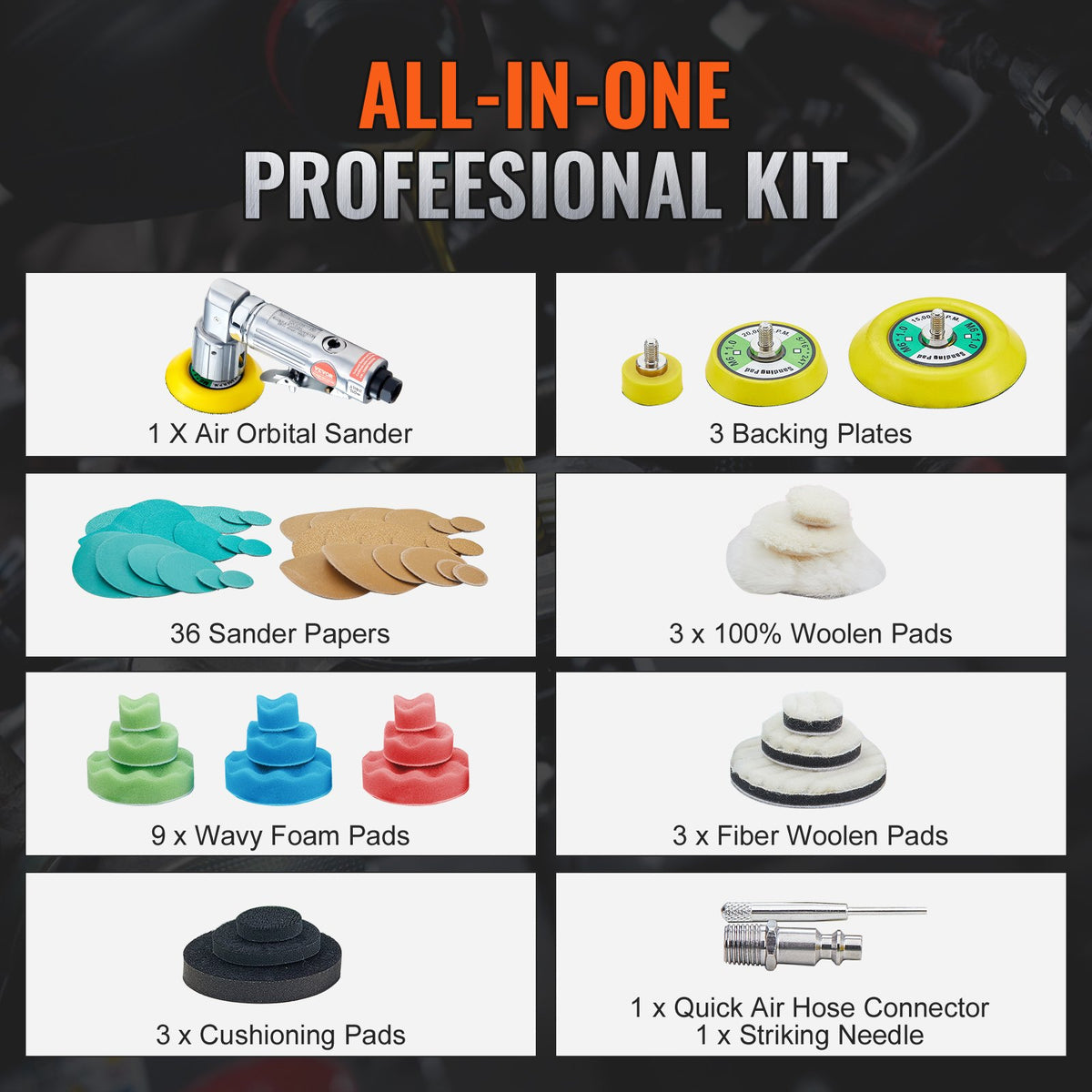 VEVOR 58PCS Air Sander Kit 1/2/3in Random Orbital Air Sander Polisher 15000r/min