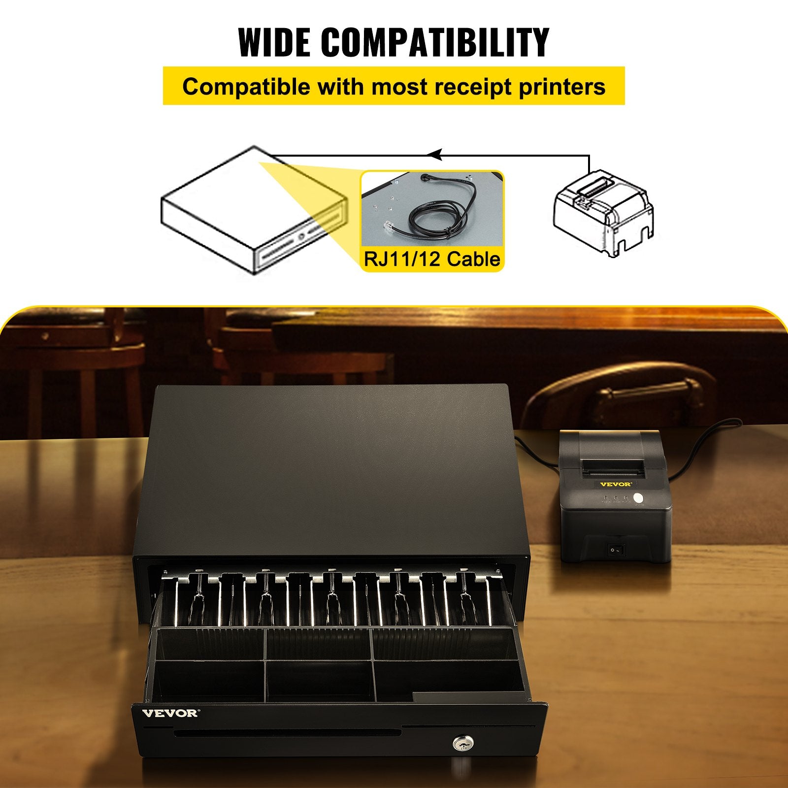 VEVOR Cash Register Drawer, 16" 12 V, for POS System with 5 Bill 6 Coin Cash Tray, Removable Coin Compartment & 2 Keys Included, RJ11/RJ12 Cable for Supermarket, Bar, Coffee Shop, Restaurant