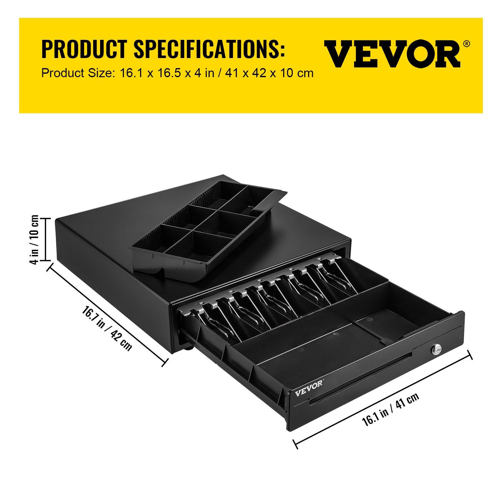VEVOR Cash Register Drawer, 16" 12 V, for POS System with 5 Bill 6 Coin Cash Tray, Removable Coin Compartment & 2 Keys Included, RJ11/RJ12 Cable for Supermarket, Bar, Coffee Shop, Restaurant
