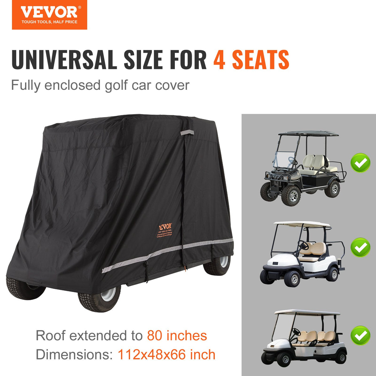 VEVOR 4 Passenger Golf Cart Cover, 600D Polyester Full Cover, Universal Fits for Most Brand Club Car Covers, Waterproof, Sunproof, and Dustproof Outdoor Golf Cart Cover with Three Zipper Doors, Black