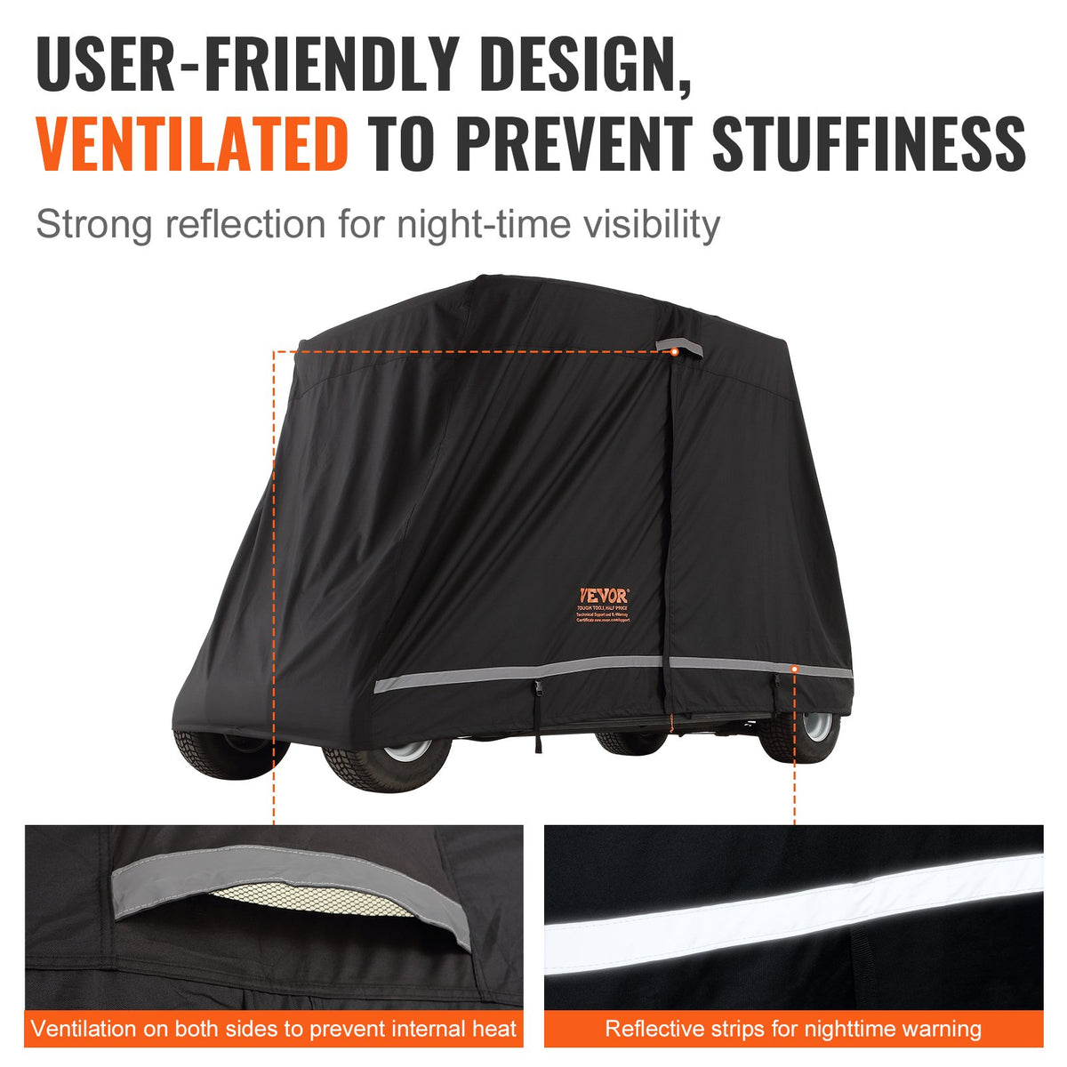VEVOR 4 Passenger Golf Cart Cover, 600D Polyester Full Cover, Universal Fits for Most Brand Club Car Covers, Waterproof, Sunproof, and Dustproof Outdoor Golf Cart Cover with Three Zipper Doors, Black