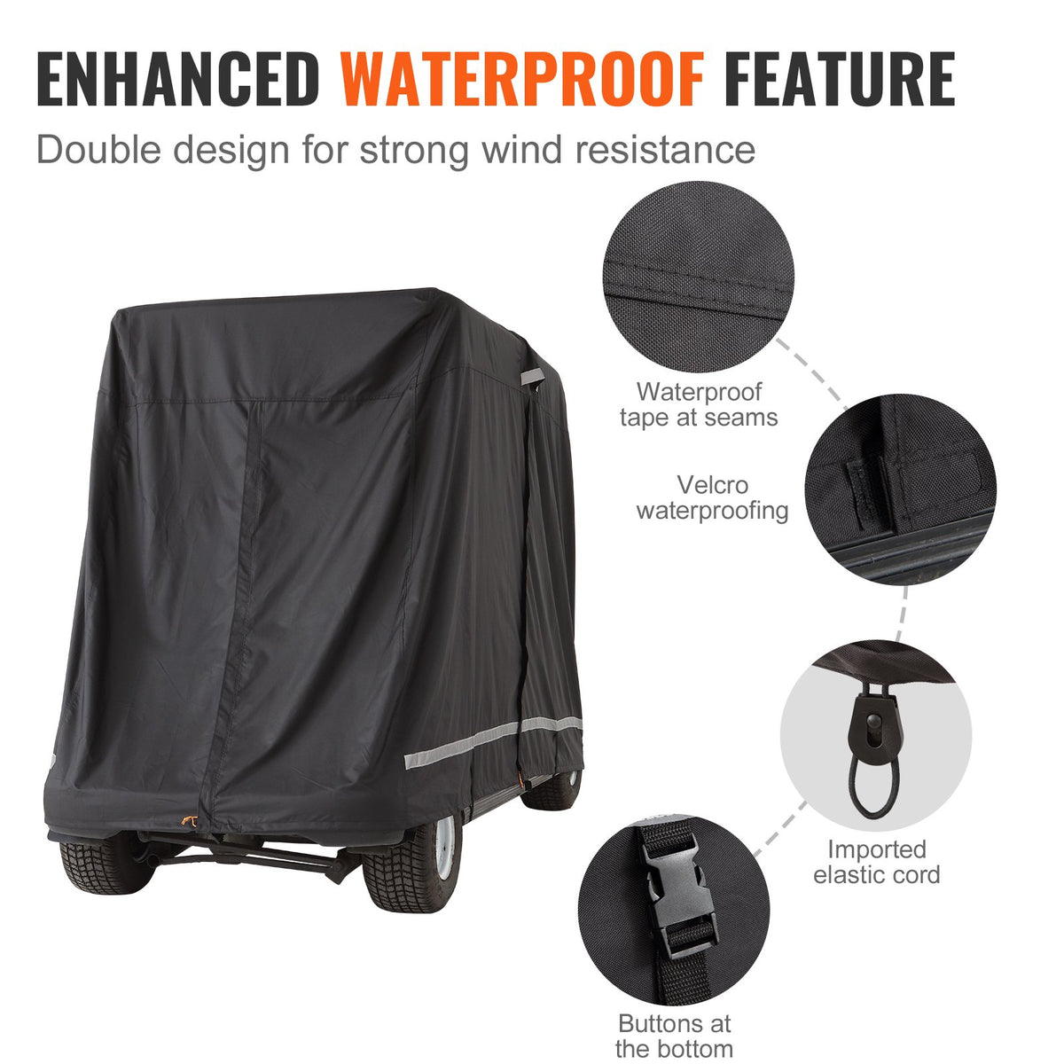 VEVOR 4 Passenger Golf Cart Cover, 600D Polyester Full Cover, Universal Fits for Most Brand Club Car Covers, Waterproof, Sunproof, and Dustproof Outdoor Golf Cart Cover with Three Zipper Doors, Black