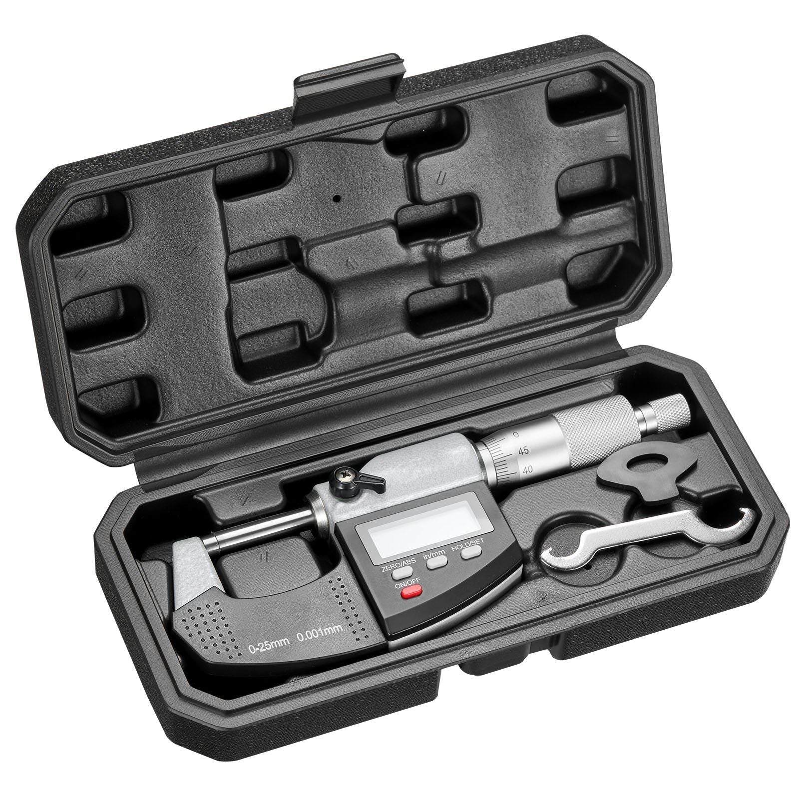 Micrometer Set, Digital Outside Micrometer 0-25.4 mm Measuring Range, 0.001 mm Resolution, Ultra-Precision Accuracy, LCD Screen, in/mm Switch, Carbide Tip, with Protective Case